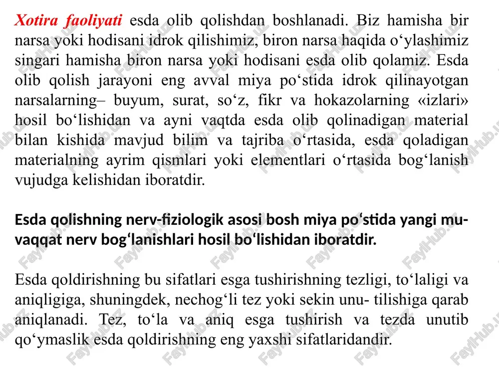 iqlash demakdir ixtiyorsiz va ixtiyoriy esda qoldirish esda olib qolish ixtiyorsiz va ixtiyoriy bo‘lmog‘i mumkin. ixtiyorsiz esda qoldirish oldimizga hech qanday maqsad qo‘ymasdan, esga olina- digan materialni oldin belgilamasdan va maxsus usullar qo‘llamasdan, beixtiyor esda qoldirishdir. masalan, biz, odatda, ko‘chada tasodifiy ko‘rgan kishilarning aft-basharasini, tasodifiy eshitib qolgan ba’zi gap va kuylarni beixtiyor esimizda (xotiramizda) saqlab qolamiz. ixtiyorsiz esda saqlab qolish bizning hayotimiz va faoliyatimizda juda katta o‘rin tutadi. ayrim hollarda bironta yorqin obrazlar, so‘zlar, ayrim kishilarning aft-basharasi, o‘qilgan yoki eshitilgan jumlalar ixtiyorsiz ravishda esda olib qolinadi va xotirada uzoq saqlanib turadi. esda olib qolinadigan material bizning ehtiyoj va manfaatimizga muvofiq bo‘lsa, bu material biz uchun alohida ahamiyatga ega bo‘lsa, esimizda uzoq saqlanib turadi. ixtiyorsiz esda olib qolishda hissiyot, ayniqsa, katta rol o‘ynaydi. bizda bironta hissiyot tug‘diradigan material hissiyotimizga hech bir ta’sir qilmaydigan materialga qaraganda esimizda ham tezroq, ham mustahkamroq o‘rnashib qoladi. ba’zan esa beixtiyor esda qoldirish ixtiyoriy esda qoldirishdan ko‘ra …