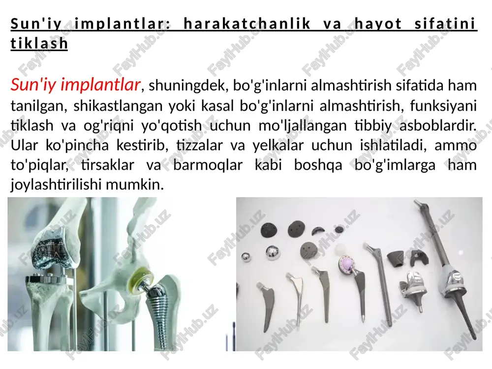 . * kompyuter tomografiyasi: implant atrofidagi suyak va yumshoq to'qimalarning batafsil tasvirlarini beradi, bu murakkab holatlar yoki shubhali asoratlarni baholashda yordam beradi. * mri tekshiruvi: tendonlar va ligamentlar kabi yumshoq to'qimalar tuzilmalarini baholashda va infektsiya yoki yallig'lanishning dastlabki belgilarini aniqlashda foydali bo'lishi mumkin. * yadro tibbiyoti skanerlari: suyaklarni skanerlash kabi suyak aylanmasining kuchaygan joylarini aniqlashga yordam beradi, bu esa bo'shashish yoki infektsiyani ko'rsatishi mumkin. laboratoriya sinovlari: * qon testlari: infektsiya yoki yallig'lanish belgilarini tekshirish uchun buyurilishi mumkin. * bo'g'im suyuqligini tahlil qilish: bo'g'imdan so'rilgan suyuqlikni tekshirish infektsiyani tashxislash yoki implantatsiyadan aşınma zarralarini aniqlashga yordam beradi. sun'iy qo'shma implantning mustahkamligini tekshirish: xavfsizlik va chidamlilikni ta'minlash sun'iy qo'shma implantlar kundalik faoliyatning stresslari va zo'riqishlariga bardosh berishi va ko'p yillar davom etishi uchun qattiq kuch sinovidan o'tadi. ushbu testlar implant ishlashining turli jihatlarini baholaydi, jumladan: mexanik quvvat: * statik sinov: implantning oqish quvvati, maksimal tortishish kuchi va bosim kuchini aniqlash uchun doimiy quvvatni …