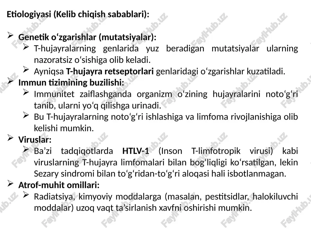 : mogamulizumab – ccr4 retseptorlariga yo‘naltirilgan, sezary hujayralarini nishonga oladi alemtuzumab – cd52 nishoniga qarshi ishlaydi c) kimyoterapiya: masalan, chop rejimi (siklofosfamid, doksorubisin, vinkristin, prednizon) odatda og‘ir yoki tarqalgan holatlarda qo‘llaniladi 4. 🧬 gemopoetik ildiz hujayra transplantatsiyasi (yadro/ilik ko‘chirish): allojenik transplantatsiya — sog‘lom donor hujayralarini o‘tkazish bu yagona potentsial kürativ (butunlay davolovchi) usul, ammo xavfli va faqat tanlangan hollarda qo‘llanadi xulosa sezary sindromi — bu kam uchraydigan, surunkali va xavfli t-hujayrali teri limfomasi bo‘lib, teri, qon va limfa tugunlarini zararlaydi. kasallik asosan eritrodermiya (butun tana terisining qizarishi va yallig‘lanishi), qichishish, limfadenopatiya va qonda sezary hujayralarining paydo bo‘lishi bilan namoyon bo‘ladi. uning etiologiyasi (sabablari) aniq bo‘lmagan bo‘lsa-da, genetik mutatsiyalar, immun tizim buzilishi va ba’zi tashqi omillar sabab bo‘lishi mumkin. kasallik progressiv (yomonlashib boruvchi) kechadi va immunitetni zaiflashtiradi, bu esa infeksiyalarga moyillikni oshiradi. davolash simptomlarni nazorat qilishga qaratiladi va quyidagilardan iborat: fototerapiya immunoterapiya va biologik dorilar kimyoterapiya og‘ir holatlarda — suyak iligi …