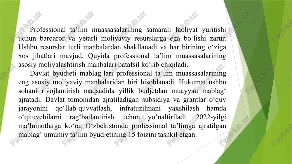 an mablag‘larning manbalari, ularni taqsimlash usullari, boshqaruv organlari, davlat mablag‘larini ajratish shartlari va mezonlari bo‘yicha farqlanadi, bunda moliyalashtirishning bozor sxemalari va mexanizmlarini qo‘llash asos qilib olinadi. ta’lim tizimini moliyalashtirishning aksariyat modellarida markazlashtirilgan va nomarkazlashtirilgan moliyalashtirish usullari qo‘llaniladi. ta’lim tizimini davlat byudjetidan moliyalashtirish mexanizmi va taqdimot ishimizning 2-rejasida batafsil to‘xtalamiz. o‘zbekiston respublikasi vazirlar mahkamasining “byudjet tashkilotlarini mablag‘ bilan ta’minlash tartibini takomillashtirish to‘g‘risida”gi 1999 yil 3 sentyabrdagi 414-sonli qaroriga asosan davlat byudjeti hisobiga mablag‘ bilan ta’minlanadigan tarmoqlarda iqtisodiy islohotlarni chuqurlashtirish, byudjet tashkilotlarini mablag‘ bilan ta’minlash mexanizmini takomillashtirish, byudjet mablag‘laridan samarali va aniq foydalanish maqsadida 2000 yil 1 yanvardan boshlab byudjet tashkilotlari xarajatlarini mablag‘ bilan ta’minlashning yangi tartibini joriy etildi. ko‘rsatkich qiymati izoh / manba kasb-hunar (vocational) muassasalarida o‘qiydigan talabalar soni ~ 184 355 nafar 2023 yil 1 yanvar holatiga. (statistika uzbekistana) ushbu talabalardan erkaklar soni 135 280 (statistika uzbekistana) ayollar (qizlar) soni 49 075 (statistika uzbekistana) kasb-hunar kollejlariga qabul qilingan talabalar soni …