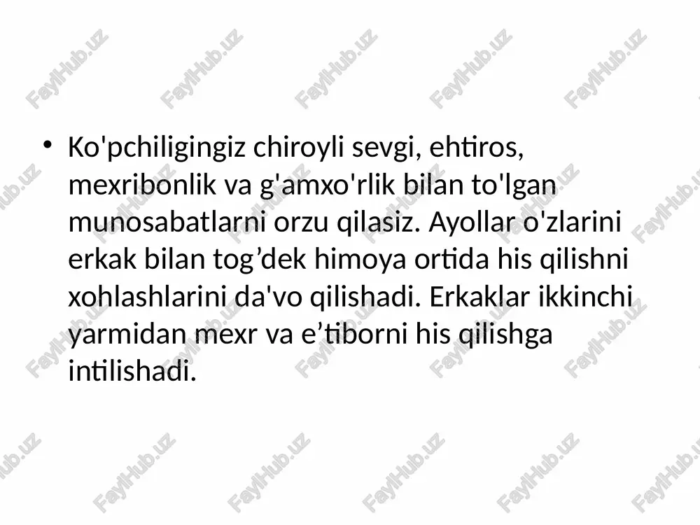 ; 4) ular orasidagi masofa. frommga ko'ra, etuk sevgi quyidagi xususiyatlar bilan ajralib turadi: sevgi berish - evaziga biror narsa talab qiladigan bitim yoki bizni qashshoqlashtiradigan pulni behuda sarflash emas. bu bizning kuch va hayotiyligimizning namoyonidir, bizga quvonch baxsh etadi. g'amxo'rlik - bu sevgining "ob'ekti" ning hayoti va rivojlanishiga faol qiziqish. misol uchun, kimdir gullarni yaxshi ko'rishini aytsa-yu, lekin ularni sug'orishni unutsa, biz ularning so'zlarining samimiyligiga shubha qilamiz. mas'uliyat - bu tashqaridan yuklangan burch emas, balki boshqasiga g'amxo'rlik qilish uchun ichki amalga oshirilgan burch (birovning vijdon sudi oldida javobgarlik). hurmat - bu boshqa odamda mening maqsadlarimga erishish vositasi emas, balki uning o'zi o'z maqsadlari bilan teng huquqli shaxs ekanligini tan olish qobiliyatidir. sevgi haqidagi bilim - bu boshqa birovning "parametrlari" yoki tarjimai holini bilish emas, balki boshqa birovning ruhi sirlariga intuitiv ravishda "ko'nikish", unga hamdard bo'lish tajribasi. suprujeskie otnosheniya trexkomponentnaya teoriya lyubvi blizost (intimnost) mejdu lyudmi daet oshushenie privyazannosti, edinstva …
