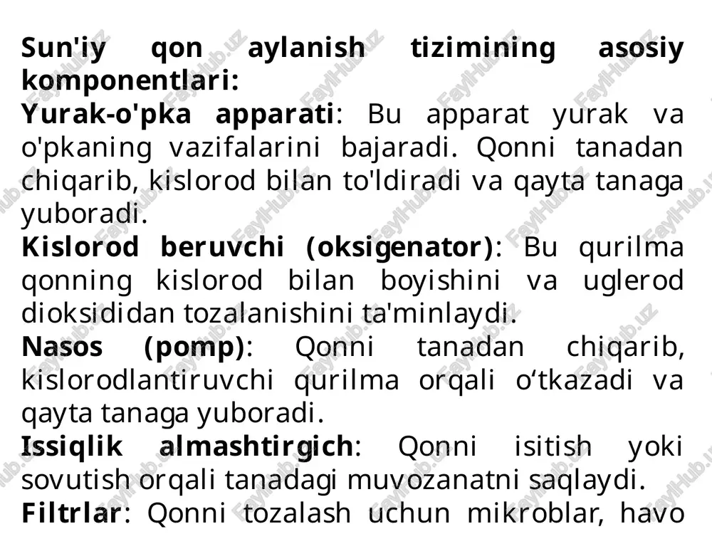 a 100 dan ortiq tipdagi turli maqsadlarda ishlatiladigan sunʼiy qon aylanish apparatia.a.lari yaratilgan. xavfli oʻsmalar, yalligʻlanish jarayonlari va destruktiv shikastlarni kimyoviy moddalar bilan davolashda, yurakoʻpka faoliyati buzilganda yordamchi sunʼiy qon aylantirishda, klinik oʻlim holatidagi bemorni tiriltirishda, koʻchirib oʻtkazishga moʻljallangan aʼzolarni tirik saqlab turishda ishlatiladigan sunʼiy qon aylanish apparatia.a.bor foydalanilgan adabiyotlar "cardiopulmonary bypass: principles and practice" by glenn p. gravlee "the textbook of clinical perfusion" by john h. griffiths "cardiac surgery in the adult" by lawrence h. cohn "extracorporeal membrane oxygenation: advances in therapy" edited by michael s. firstenberg "techniques in extracorporeal circulation" edited by philip kay and christopher munsch image1.jpeg image2.jpeg image3.jpeg image4.jpeg image5.jpeg image6.jpeg image7.jpeg z ‘ 4. : my 7° dm et on cxema nogknio4enua annapata uckycctbehhoro kpoboobpalljehua 4 —aopra; 2—aptepwanbuan nuns; 3 — muxpodbunerp; 4—aprepnanbueii hacoc; 5 — oxcnrenatop; 6 — behoshaa nunua; 7 —hwxhss nonaa bexa; 8 — bepxtas nonas seha. /docprops/thumbnail.jpeg sun'iy gon aylanish reja: …