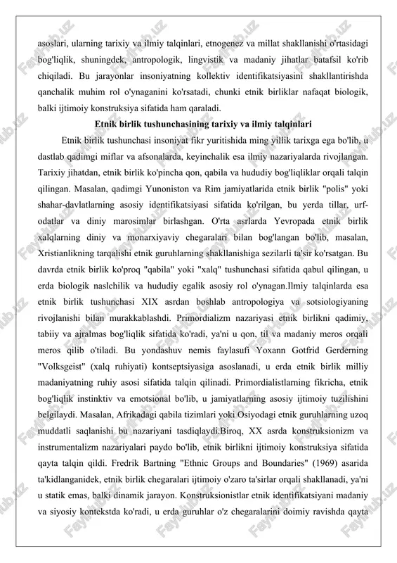 iya va sotsiologiyaning rivojlanishi bilan murakkablashdi. primordializm nazariyasi etnik birlikni qadimiy, tabiiy va ajralmas bog'liqlik sifatida ko'radi, ya'ni u qon, til va madaniy meros orqali meros qilib o'tiladi. bu yondashuv nemis faylasufi yoxann gotfrid gerderning "volksgeist" (xalq ruhiyati) kontseptsiyasiga asoslanadi, u erda etnik birlik milliy madaniyatning ruhiy asosi sifatida talqin qilinadi. primordialistlarning fikricha, etnik bog'liqlik instinktiv va emotsional bo'lib, u jamiyatlarning asosiy ijtimoiy tuzilishini belgilaydi. masalan, afrikadagi qabila tizimlari yoki osiyodagi etnik guruhlarning uzoq muddatli saqlanishi bu nazariyani tasdiqlaydi.biroq, xx asrda konstruksionizm va instrumentalizm nazariyalari paydo bo'lib, etnik birlikni ijtimoiy konstruksiya sifatida qayta talqin qildi. fredrik bartning "ethnic groups and boundaries" (1969) asarida ta'kidlanganidek, etnik birlik chegaralari ijtimoiy o'zaro ta'sirlar orqali shakllanadi, ya'ni u statik emas, balki dinamik jarayon. konstruksionistlar etnik identifikatsiyani madaniy va siyosiy kontekstda ko'radi, u erda guruhlar o'z chegaralarini doimiy ravishda qayta belgilaydi. masalan, amerika qo'shma shtatlaridagi immigrant guruhlari dastlab turli etnik identifikatsiyalarga ega bo'lgan, ammo vaqt …