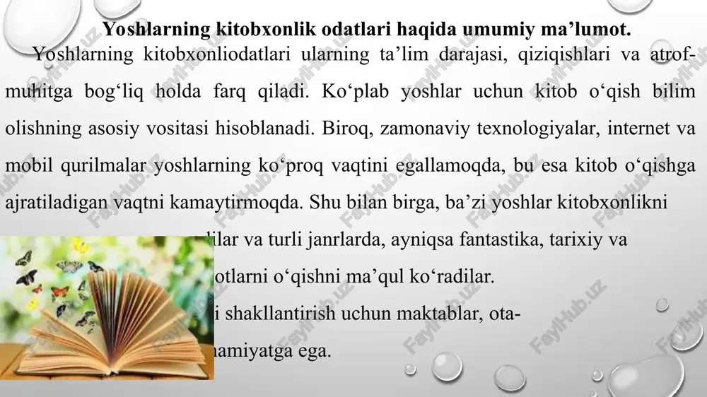 am beradi. kitob o‘qish stressni kamaytirishga yordam beradi. maktablarda kitobxonlik bo‘yicha tanlovlar o‘tkazish kerak. oe . o‘qituvchilar va kutubxonalarni mualliflar yoshlar 7” i bilan uchrashuvlar —> yosnlar uchun qulay o'tkazishi va jozibador qilish motivatsiyani oshiradi. muhim. kitobxonlik klublari ota-onalar kitob va guruhlarini tashkil o‘qish odatini qilish yoshlarni shakllantirishda katta birlashtiradi. rol o‘ynaydi. litimoiy tarmoglarda zamonaviy va qiziqarli kitobxonlikni targ‘ib kitoblarni yoshlar qiluvchi kampaniyalar e’tiboriga taqdim etish tashkil etish foydali. kerak.