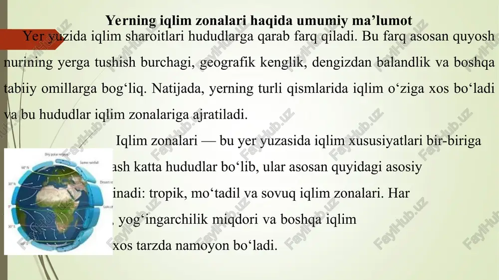 uda past bo'ladi. nam bo'ladi. bo'ladi. cho'liqlimida mo‘tadil yomg'irjuda iqlimda to'rt kam va havo fasl aniq juda quruq seziladi: yoz, bo'ladi. kuz, qish, bahor. tropik igqlim zonalarida ko'p yomg'ir yog‘adi, shuning uchun bu yerda tropik o‘rmonlar va biologik xilma-xillik ko‘p. ~\ cho'l hududlarida suv kamligi sabab aholi kam yashaydi va o'simliklar qattiq sharoitlarga moslashgan. s mo'tadiliglim zonalarida to ‘rt fasl aniq sezilib, aholi zich yashaydi va sanoat ham rivojlangan.