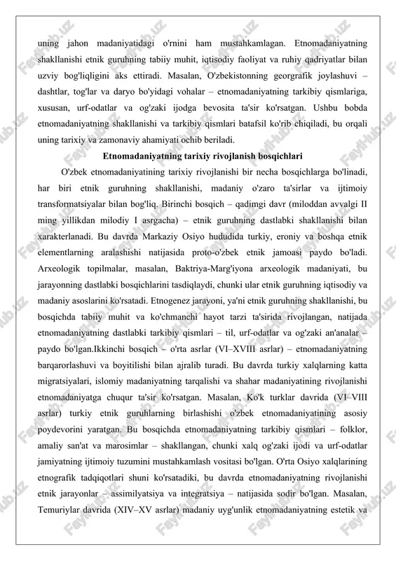 hayot tarzi ta'sirida rivojlangan, natijada etnomadaniyatning dastlabki tarkibiy qismlari – til, urf-odatlar va og'zaki an'analar – paydo bo'lgan.ikkinchi bosqich – o'rta asrlar (vi–xviii asrlar) – etnomadaniyatning barqarorlashuvi va boyitilishi bilan ajralib turadi. bu davrda turkiy xalqlarning katta migratsiyalari, islomiy madaniyatning tarqalishi va shahar madaniyatining rivojlanishi etnomadaniyatga chuqur ta'sir ko'rsatgan. masalan, ko'k turklar davrida (vi–viii asrlar) turkiy etnik guruhlarning birlashishi o'zbek etnomadaniyatining asosiy poydevorini yaratgan. bu bosqichda etnomadaniyatning tarkibiy qismlari – folklor, amaliy san'at va marosimlar – shakllangan, chunki xalq og'zaki ijodi va urf-odatlar jamiyatning ijtimoiy tuzumini mustahkamlash vositasi bo'lgan. o'rta osiyo xalqlarining etnografik tadqiqotlari shuni ko'rsatadiki, bu davrda etnomadaniyatning rivojlanishi etnik jarayonlar – assimilyatsiya va integratsiya – natijasida sodir bo'lgan. masalan, temuriylar davrida (xiv–xv asrlar) madaniy uyg'unlik etnomadaniyatning estetik va axloqiy qismlarini boyitgan, bu esa keyingi bosqichlar uchun asos bo'lgan.uchinchi bosqich – yangi va zamonaviy davr (xix asrdan hozirgacha) – etnomadaniyatning transformatsiyasi va global ta'sirlar ostidagi rivojlanishi bilan xarakterlanadi. rossiya …