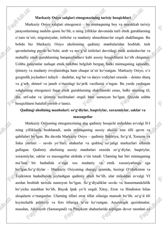 razmiylar, saklar va massagetlar alohida o‘rin tutadi. ularning har biri mintaqaning ma’lum bir hududida o‘ziga xos madaniy va etnik xususiyatlarga ega bo‘lgan.so‘g‘diylar – markaziy osiyoning sharqiy qismida, hozirgi o‘zbekiston va tojikiston hududlarida joylashgan qadimiy aholi bo‘lib, ular miloddan avvalgi vi asrdan boshlab tarixda namoyon bo‘lgan. so‘g‘diyaliklar savdo va hunarmandchilik bo‘yicha mashhur bo‘lib, buyuk ipak yo‘li orqali xitoy, eron va hindiston bilan aloqalarni o‘rnatganlar. ularning tillari eron tillar oilasiga mansub bo‘lib, so‘g‘d tili keyinchalik pehleviy va fors tillariga ta’sir ko‘rsatgan. arxeologik qazishmalar, masalan, afrosiyob (samarqand) va panjikent shaharlarida topilgan devor rasmlari va yozuvlar so‘g‘diylarning boy madaniyatini ko‘rsatadi: ular zoroastriylik dinini paydo qilgan, quyosh va o‘tga sig‘inadigan dindorlar bo‘lgan. so‘g‘diylarning ijtimoiy tuzilmasi shaharcha va qishloqlar asosida shakllangan bo‘lib, ularning etnik tarkibi asosan eroniy qabilalardan iborat edi, ammo keyingi davrlarda turk va arab unsurlari bilan aralashgan.baqtriylar, yoki baktriya aholisi, markaziy osiyoning janubiy qismida, hozirgi afg‘oniston shimoli va o‘zbekiston janubida yashagan. miloddan avvalgi iii …