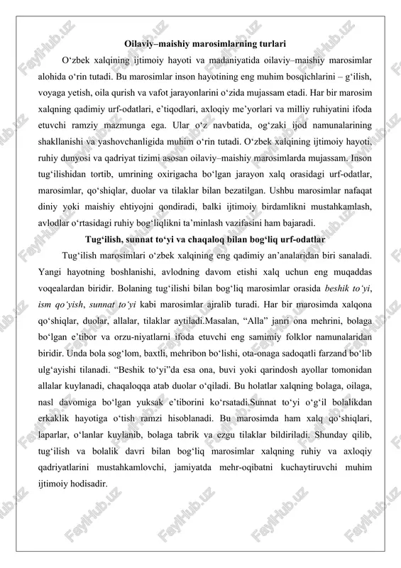 xalqona qo‘shiqlar, duolar, allalar, tilaklar aytiladi.masalan, “alla” janri ona mehrini, bolaga bo‘lgan e’tibor va orzu-niyatlarni ifoda etuvchi eng samimiy folklor namunalaridan biridir. unda bola sog‘lom, baxtli, mehribon bo‘lishi, ota-onaga sadoqatli farzand bo‘lib ulg‘ayishi tilanadi. “beshik to‘yi”da esa ona, buvi yoki qarindosh ayollar tomonidan allalar kuylanadi, chaqaloqqa atab duolar o‘qiladi. bu holatlar xalqning bolaga, oilaga, nasl davomiga bo‘lgan yuksak e’tiborini ko‘rsatadi.sunnat to‘yi o‘g‘il bolalikdan erkaklik hayotiga o‘tish ramzi hisoblanadi. bu marosimda ham xalq qo‘shiqlari, laparlar, o‘lanlar kuylanib, bolaga tabrik va ezgu tilaklar bildiriladi. shunday qilib, tug‘ilish va bolalik davri bilan bog‘liq marosimlar xalqning ruhiy va axloqiy qadriyatlarini mustahkamlovchi, jamiyatda mehr-oqibatni kuchaytiruvchi muhim ijtimoiy hodisadir. nikoh va to‘y marosimlari: qadimiy va zamonaviy shakllar nikoh va to‘y marosimlari o‘zbek xalqining eng ulug‘ va tantanali marosimlaridan biridir. bu marosim inson hayotidagi yangi bosqich – oila qurish, yangi avlod paydo bo‘lishining boshlanishi sifatida qabul qilinadi. o‘zbek to‘ylarining asosiy bosqichlari qadimdan shakllanib kelgan: fotiha to‘yi, kelin …