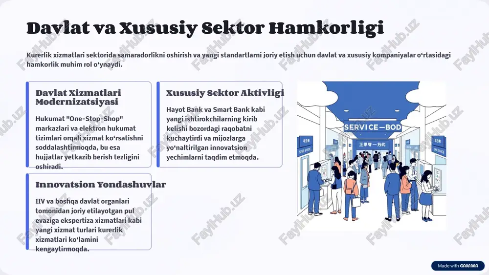 minglab yangi ish o‘rinlari yaratishi kutilmoqda, bu esa bandlik darajasini oshirishga hissa qo‘shadi. 1.5x iqtisodiyotdagi ulush xizmatlar sohasining mamlakat iqtisodiyotidagi ulushi barqaror o‘sib bormoqda, kurerlik esa ushbu o‘sishning asosiy drayveri hisoblanadi. 7/7 hayotni yengillashtirish kurerlik xizmatlari aholining kundalik hayotini sezilarli darajada yengillashtirib, vaqtni tejashga va biznes faoliyatini qo‘llab-quvvatlashga yordam beradi. 7 xulosa va tavsiyalar kurerlik xizmatlari sektorining to‘liq salohiyatini ochish uchun strategik chora-tadbirlarni amalga oshirish muhimdir. infratuzilmani kengaytirish kurerlik infratuzilmasi va raqamli imkoniyatlarni kengaytirish, ayniqsa, logistika markazlari va avtomobil yo‘llarini rivojlantirishga sarmoya kiritish. bozorni liberallashtirish davlat monopoliyalarini kamaytirish va tartibga solishdagi to‘siqlarni olib tashlash orqali raqobat muhitini oshirish. kadrlar malakasini oshirish kurerlar va logistika mutaxassislarining malakasini oshirish, raqamli ko‘nikmalarni rivojlantirishga qaratilgan o‘quv dasturlarini joriy etish. kelajak istiqboli ushbu chora-tadbirlar amalga oshirilsa, kurerlik xizmatlari o‘zbekiston iqtisodiyotining barqaror va asosiy drayverlaridan biri bo‘lib qoladi. 8 image-1002-1.png image-1002-2.png image-1-1.png image-1003-1.png image-1003-2.png image-2-1.png image-2-2.png image-1004-1.png image-1004-2.png image-3-1.png image-1005-1.png image-1005-2.png image-4-1.png image-1006-1.png image-1006-2.png image-5-1.png image-1007-1.png …