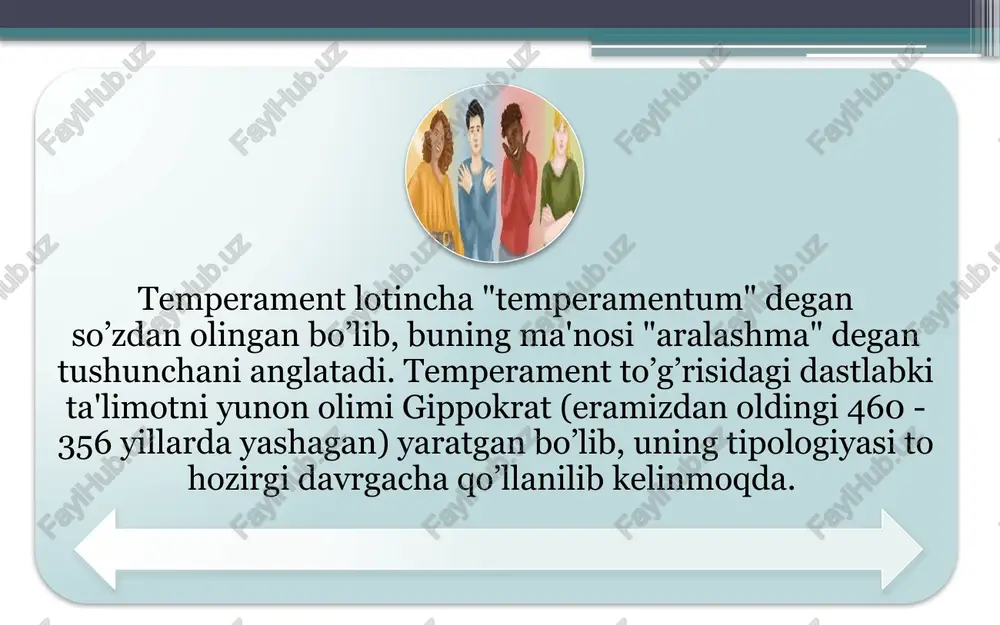 lar maktabga tez moslashadi, lekin diqqatni uzoq ushlab turolmasligi mumkin. flegmatiklar esa sekin, ammo barqaror o‘rganishlari bilan ajralib turadi. melanxoliklar sinfdagi mojarolarga emotsional javob berib, o‘zini yakkalashga moyil bo‘ladi. j. piagetning kognitiv rivojlanish nazariyasiga ko‘ra, bola temperamentiga qarab muhitni qabul qilish va unga moslashish jarayoni har xil kechadi. masalan, introvert temperamentga ega bola mustaqil o‘yinlar orqali bilish faoliyatini rivojlantiradi. madaniy tafovutlar ham temperament ifodasiga ta’sir ko‘rsatadi. j. berry madaniyatlararo psixologiya doirasida olib borgan tadqiqotlarda kollektivist madaniyatlarda bolalar ko‘proq flegmatik yoki melancholik bo‘lishi kuzatilgan. hayotiy misol: ikki do‘st universitetga kiradi. biri sangvinik — har bir darsda faol, tanishuvga ochiq; boshqasi melanxolik — sokin, ammo har bir topshiriqni puxta bajaradi. bu temperamentlarning o‘qishdagi yondashuv farqini ko‘rsatadi. temperamentni aniqlashda psixodiagnostik testlardan foydalaniladi. ayzenk shkalasi eng mashhurlaridan bo‘lib, ekstraversiya–introversiya va nevrotiklik ko‘rsatkichlariga asoslangan. strelau testi esa faoliyatning harakteristikasi orqali temperamentni aniqlaydi. thomas & chess temperament modeli bo‘yicha 9 ta asosiy xususiyatlar (faollik, ritm, moslashuvchanlik, …