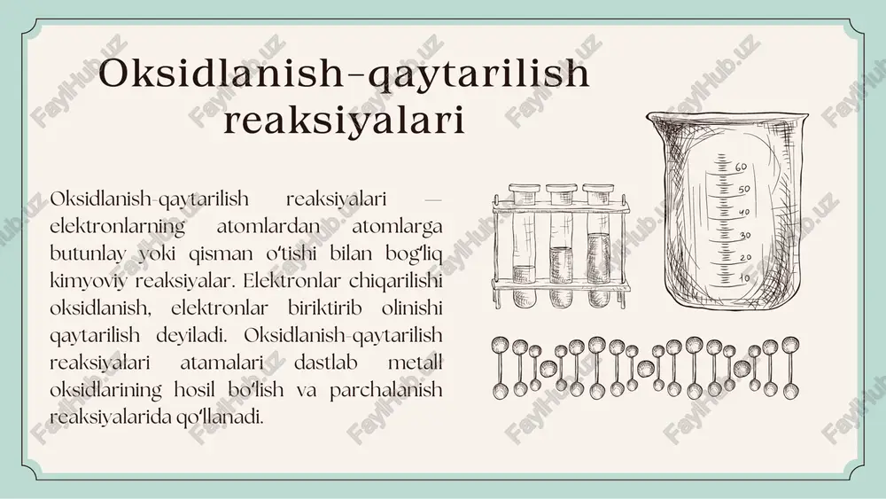 yar massasini shu reaksiyada oksidlovchi qabul qilgan elektronlar soniga bo’lish kerak. oksidlanish - gqaytarilish reaksiyalariga muxitning ta’siri. * qoksidlanish - gaytanilish reaksiyalarida muxitmuxim axamiyatga ega. muxitning ta’sin masalan, kmno4 ning gaytarilish xarakterida yakkol namoyon bo'ladi. kislotali muxitda mno4- ion mn 2+ ltongacha, neytral muxitda mno2 gacha, ishkoriy muxitda mno42- (yashilrang) tongacha qaytariladi. kmno4 ning kislotali muxitda gaytanilishi: +7 - +2 o kmnoo, + kj + h,so, — mnso, + j, + k,so, + h,0. mn*'+ 5e > mn * 2j° -2€ 10ki+8h,so, =2mnso, + 5j, + 6k,so, kmn0o4 ning neytral muxitda gaytarilishi : +] +4 +4 +15 kmno, + k,so,+h,o > mno, +k,so, + koh mn*’ + 3e- +» mn™ 3 , 2 gm -2e 34g 2 3 2kmno,+ 3k,so,+ h,o = 2mn0, +3k,s0, +2koh kaliy permanganatning ishkoriy muxitda gaytarilishi : +7 +4 +6 +6 kmn0o, + k,s0, + koh > k,mno, + k,s0, + h,o mn*?+1le —-mn* 1 2kmno, …