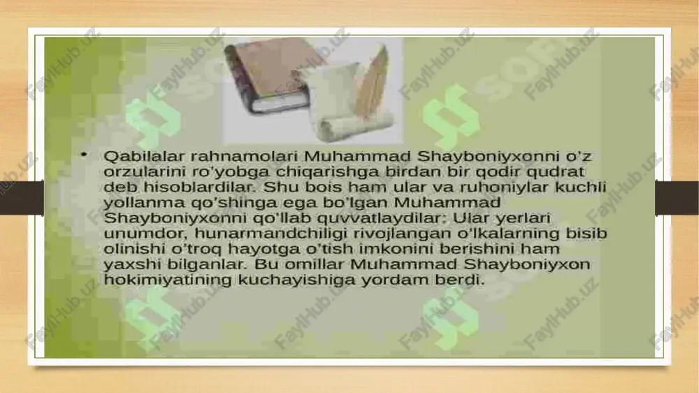 va beayov urushlari ogibatida movarounnahr, xorazm va xurosonni 0’z ichiga olgan hududda muhammad shayboniyxon _ hukmronligi o’rnatildi-va davlatchiligimiz tarixida _ shayboniylar sulolasi hukmronligi davri boshlandi. arxiv.uz shayboniyxon (muhammad shayboniy) o‘z yurishlarida xurosonga yetib borgach, ismoil i ‘bilan to‘qnashuvi muqarrar bo‘lib qoladi. shayboniyxon va ismoil i o‘rtasida jangovar yozishmalar boshlanadi,, bunda shayboniyxon ismoil i ni "shia bid’ati"dan voz kechishga undaydi, aks holda xurosonga yurish bilan - tahdid qiladi; ismoil ham o‘zbeklaming xurosonga bosgqinlarini to‘xtatishni talab qiladi. bundan tashgari, shayboniyxon ismoil i ga o‘zining chingizxon umg‘iga mansubligini ta’kidlagan, bu esa unga "saltanat ‘va qilich et si" bo‘lishga’imkon bergan. shayboniyxon “sobiq temuriylar saltanati hokimyati ostidagi _hududlarni qayta birlashtirmoqchi edi. isfaxondagi chehel sotun saroyi devoridagi miniatyura, |smoil safaviy va shayboniyxon o‘rtasidagi marv jangi tasvirlangan. shu yillarda shayboniyxon qo‘shinlari o‘ratepa, shosh, shohruhiya, sayramni egallaydi. 1503-1504 yillarda xorazmga yurish qilib, 1505 yil xorazmni bosib olgan. 1507 yil xurosonni bosib oladi. shayboniyxon zamondoshlari tomonidan «xalifa ur- rahmon» …