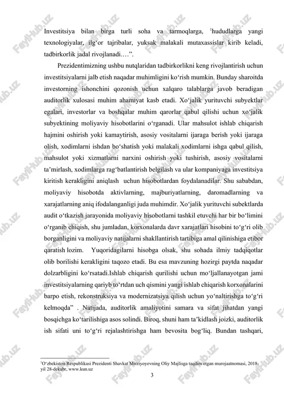 u jumladan, korxonalarda davr xarajatlari hisobini toʻgʻri olib borganligini va moliyaviy natijalarni shakllantirish tartibiga amal qilinishiga etibor qaratish lozim. yuqoridagilarni hisobga olsak, shu sohada ilmiy tadqiqotlar olib borilishi kerakligini taqozo etadi. bu esa mavzuning hozirgi paytda naqadar dolzarbligini koʻrsatadi.ishlab chiqarish qurilishi uchun moʻljallanayotgan jami investitsiyalarning qariyb toʻrtdan uch qismini yangi ishlab chiqarish korxonalarini barpo etish, rekonstruksiya va modernizatsiya qilish uchun yoʻnaltirishga toʻgʻri kelmoqda” . natijada, auditorlik amaliyotini samara va sifat jihatdan yangi bosqichga koʻtarilishiga asos solindi. biroq, shuni ham taʼkidlash joizki, auditorlik ish sifati uni toʻgʻri rejalashtirishga ham bevosita bogʻliq. bundan tashqari, hukumatimiz tomonidan auditorlik tashkilotlari tomonidan koʻrsatiladigan xizmatlar soni va sifatini oshirishga ham keng urgʻu berilmoqda. olib borilgan tadqiqotlar natijasida, barcha korxonalar faoliyatida auditni toʻgʻri rejalashtirish, bunda tekshiriladigan obyektlar boʻyicha bajariladigan amallar va qoʻyiladigan vazifalar tavsifi, isbot va dalillar toʻplash yoʻllari, muhimlilik darajasi va audit riski koʻrsatkichlarini aniqlash usullari kabi masalalarda koʻpgina muammolar mavjudligiga guvoh boʻlamiz. shuningdek, auditni puxta …