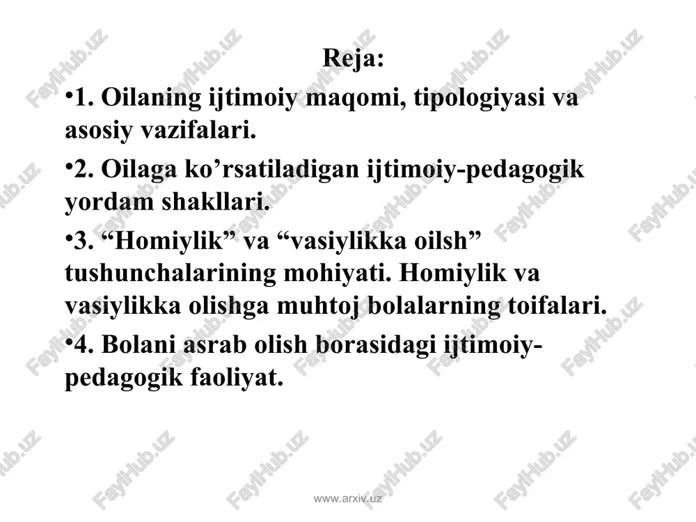 h koloniyalarida jazo o’tayotgan; ota-onalari jinoyat sodir etishda ayblanib, hibsda saqlanayotgan; ota-onalari bola tarbiyasidan bo’yin tovlayotgan; ota-onalar vaqtincha tibbiy va ijtimoiy muassasalarga joylashtirilgan. www.arxiv.uz www.arxiv.uz bolani asrab olish borasidagi faoliyat bir necha bosqichda amalga oshiriladi. 1) bolani asrab oluvchi ota-onalarni izlash; 2) ariza topshirgan nomzodlar tomonidan anketa va zarur hujjatlarni to’ldirish; 3) oila, “mehribonlik uylari” yoki bola joylashgan boshqa ta’lim muassasasiga tashrif buyurish; 4) oila va uning “do’stlari”ni o’rganish (tashxis); 5) bo’lajak ota-onani boshlang’ich o’qitish (ota-onalar 23 kun davomida bola joylashgan muassasada nazariy bilimlarni egallash asosida malaka oshiradi); 6) bolani uni asrab olayotgan ota-onalarga topshirish (bu jarayon vasiylik va adliya organlari tomonidan amalga oshiriladi) www.arxiv.uz www.arxiv.uz o’zbekiston respublikasida vasiylik va homiylikka muhtoj bolalarni tarbiyalash, ijtimoiylashtirishga alohida e’tibor qaratib kelinmoqda. bu borada amalga oshirilayotgan majmuaviy chora-tadbirlarga bevosita respublika “bolalarni ijtimoiylashtirish” markazi hamda “sen yetim emassan” jamg’armasi boshchilik qilib kelyapti. “sen yetim emassan” jamg’armasi 2002 yilda tashkil topgan bo’lib, “go’daklar uylari” hamda …