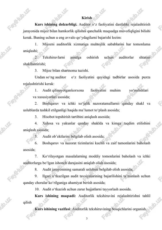 1. majburiy audit (qonunda belgilangan bo‘ladi va auditdan o‘tadigan korxonalarning ro‘yxati davlat tomonidan belgilanadi); 2. ixtiyoriy tarzidagi auditorlik tekshiruvi (korxona tashabbusiga ko‘ra ixtiyoriy tarzda o‘tkaziladi va yo‘naltirilganligi nuqtai nazaridan umumiy audit, bank auditi, sug‘urta tashkilotlar auditi, birja auditi, byudjetdan tashqari fondlar auditi va investitsiyalar auditi kabi turlarga bo‘linadi); 3. soliq idoralari tomonidan o‘tkaziladigan audit (davlat soliq kodeksida nazarda tutilgan muddatlarda tekshiruvllarni kordinatsiya qilish markazi ruxsati bilan o‘tkaziladigan audit); 4. huquqni muhofaza qiluvchi organlar tomonidan o‘tkaziladigan audit. yo‘naltirilganligi nuqtai nazaridan: umumiy audit; bank auditi; sug‘urta tashkilotlar auditi; birja auditi; byudjetdan tashqari fondlar auditi; investidiyalar auditi. umumiy o‘lchamlari nuqtai nazaridan auditorlik xizmatlari: operatsion audit (bunday auditda barcha xo‘jalik operatsiyalari va jarayonlarini korxona ish samaradorligiga va unumdorligiga bo‘lgan ta’siri o‘rganiladi), moliyaviy hisobotlarni auditi (bunday audit moliyaviy hisobotlardagi ma’lumotlarni to‘liqligi va ishonchliligini hamda ma’lum talablarga javob berishini aniqlash uchun o‘tkaziladi), kelishilgan audit (buning asosiy maqsadi xo‘jalik subyektlarining moliyaviy hisobotlarini tuzishda va buxgalteriya hisobini yuritishda …