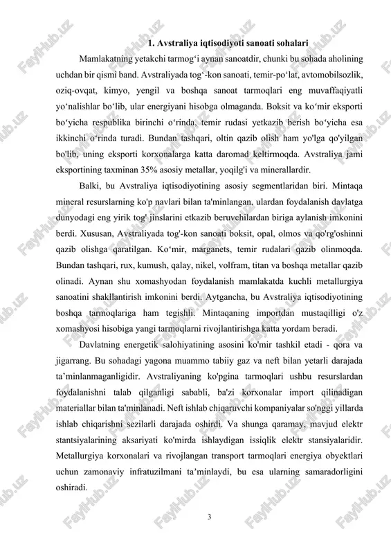 unga qaramay, mavjud elektr stantsiyalarining aksariyati ko'mirda ishlaydigan issiqlik elektr stansiyalaridir. metallurgiya korxonalari va rivojlangan transport tarmoqlari energiya obyektlari uchun zamonaviy infratuzilmani taʼminlaydi, bu esa ularning samaradorligini oshiradi. agar avstraliyaning togʻ-kon sanoati oʻzini-oʻzi taʼminlaydigan va mustaqil boʻlsa (hech boʻlmaganda importdan), u holdazamonaviy energiya, texnologik xususiyatlar tufayli, uchinchi tomon resurslari bilan to'ldirishni talab qiladi. gidroenergetika zahiralari cheklangan, ammo ularning quvvati minimal ta'minot uchun etarli. geslar asosan tasmaniya orolida va avstraliya alp tog'lari deb ataladigan tog'larda joylashgan. mashinasozlik va kimyo sanoati transport injiniringini mintaqa faxri deyish mumkin. avtomobil sanoatining eng yirik markazlari adelaida, melburn va pertda joylashgan. temir yo'l infratuzilmasi uskunalari sidney va nyukaslda ishlab chiqariladi, kema qurish inshootlari devenport va brisbenda joylashgan. biroq, ishlab chiqarishning qat'iy hududiy bo'linishi mavjud emas. qishloq xo'jaligi muhandisligi ham avstraliya uzoq vaqtdan beri mavjud bo'lmagan asosiy sohadir. bu sanoatning sanoati asosan mamlakatning janubi-sharqida joylashgan. kimyo korxonalari ham materikning janubiy qismida joylashgan. zavodlar kislotalar, portlovchi moddalar, qishloq …