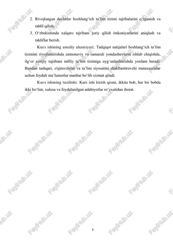 ng tubdan isloh qilinishini taqozo etdi. chunki zamonaviy jamiyatda raqobatbardosh shaxsni shakllantirish, innovatsion tafakkurga ega avlodni voyaga yetkazish boshlangʻich taʼlim sifatiga bevosita bogʻliqdir. shu sababli, oʻzbekistonda soʻnggi yillarda boshlangʻich taʼlim sohasida keng ko‗lamli islohotlar amalga oshirilmoqda. avvalo, taʼlim sifati va mazmunini yangilash maqsadida "taʼlim toʻgʻrisida"gi qonun va "milliy taʼlim dasturi" qabul qilindi. ushbu hujjatlar asosida boshlangʻich taʼlimga zamonaviy yondashuvlar, interaktiv metodlar, axborot-kommunikatsiya texnologiyalaridan samarali foydalanish tajribalari joriy qilindi. dars jarayonida faqat bilim berish emas, balki oʻquvchilarning mustaqil fikrlashi, ijodiy yondashuvi va amaliy ko‗nikmalarini shakllantirish maqsad qilib qo‗yildi. 2 yangi oʻzbekistonning strategik rivojlanish yoʻlida boshlangʻich taʼlim tizimini tubdan isloh qilish ustuvor vazifalardan biri sifatida belgilangan. bu borada amalga oshirilayotgan keng qamrovli islohotlar bir nechta muhim yoʻnalishlarni qamrab oladi va ularning dastlabki natijalari allaqachon koʻrina boshladi. mamlakatimizda boshlangʻich taʼlim sifatini oshirishning muhim omillaridan biri bu zamonaviy talablarga javob beradigan oʻquv dasturlari va standartlarini ishlab chiqish va amaliyotga joriy etishdir. bu borada soʻnggi …