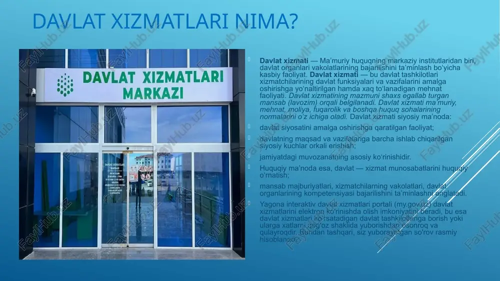 navbatlar yo‘q. vaqt va mablag‘ tejaladi – uydan chiqmasdan xizmatlardan foydalanish mumkin. shaffoflik va kuzatuvchanlik – har bir xizmat jarayoni nazorat qilinadi. yagona platforma – barcha davlat xizmatlari bir joyda jamlangan. 24/7 xizmatlar – portal kecha-yu kunduz ishlaydi. muammolari: internetga bog‘liqlik – internet sifati yomon joylarda ishlatish qiyin. texnik nosozliklar – ba’zan xizmatlar yuklanmaydi yoki xatolik yuz beradi. axborot xabardorligi pastligi – ba’zi fuqarolar portal imkoniyatlaridan hali to‘liq xabardor emas. davlat xizmatlari portali — bu zamonaviy va raqamli o‘zbekiston sari tashlangan muhim qadamdir.fuqarolarga qulaylik yaratish, xizmatlarning tez va shaffof bo‘lishi bugungi kunda juda katta ahamiyatga ega.portal yordamida davlat idoralari bilan muloqot qilish ancha soddalashdi va samaradorlik oshdi. kelajakda bu tizim yanada rivojlanib, ko‘proq xizmatlarni o‘z ichiga oladi va har bir fuqaro uchun oson va tushunarli bo‘lib boradi.har bir fuqaro portal imkoniyatlaridan faol foydalanishi lozim, chunki bu o‘z huquqlarini tez va to‘g‘ri amalga oshirishga xizmat qiladi. e’tiboringiz uchun rahmat! image1.png image2.png …