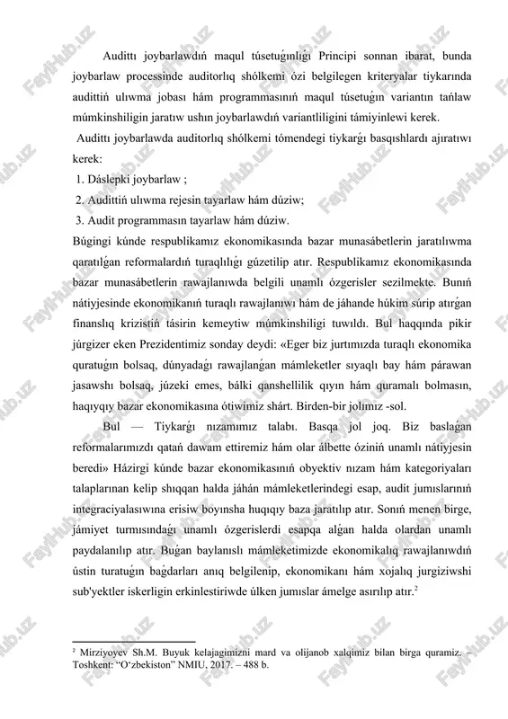 e úlken jumıslar ámelge asırılıp atır.[footnoteref:2] [2: mirziyoyev sh.m. buyuk kelajagimizni mard va olijanob xalqimiz bilan birga quramiz. – toshkent: “o‘zbekiston” nmiu, 2017. – 488 b.] haqıyqattan da, auditor xojalıq jurgiziwshi subyekt iskerligin tekserer eken, ondaǵı ishki qadaǵalaw sistemasına bólek itibar qaratıwı kerek. auditor hár qanday ekonomikalıq subyektte ózi dus keletuǵın buxgalteriya esabı sistemasın túsiniw menen sheklenbewi kerek. auditor auditorlıq dálillerin toplawda da jetkilikli bilimge iye bolǵan qánige bolıwı shárt. tap sonday dáliller tiykarında ol buxgalteriya esabatınıń isenimliligin tastıyıqlawı yamasa biykarlawı, tekserilip atırǵan xojalıq jurgiziwshi subyektler administraciyasına usınısnama beriwi múmkin. audittı dáslepki joybarlawdıń mazmunı audittı nátiyjeli joybarlaw ushın auditorlıq shólkemi xojalıq jurgiziwshi subyekt administraciyası menen audittı ótkeriw menen baylanıslı tiykarǵı shólkemlestirilgen máselelerdi kelisip alıwı kerek. dáslepki joybarlaw basqıshında auditor xojalıq jurgiziwshi subyekttiń finanslıq-xojalıq iskerligi menen tanısıwı hám tómendegiler tuwrısında informaciyaǵa ıyelewi shárt: 1. xojalıq jurgiziwshi subyekttiń xojalıq iskerligine tásir kórsetetuǵın, mámleket (region) boyınsha ekonomikalıq jaǵdaynı jáne onıń tarmaq qásiyetlerin sáwlelendiretuǵın …