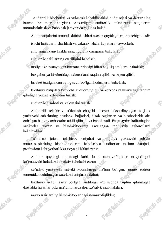 arur: xo’jalyk yurituvchi sub'ekt xodimlariga ma'lum bo’lgan, ammo auditor tomonidan ochilmagan xatolarni aniqlash faktlari; tekshiruv uchun zarur bo’lgan, auditorga o’z vaqtida taqdim qilinmagan dastlabki hujjatlar yoki ma'lumotlarga doir xo’jalyk muomalalari; mutaxassislarning hisob-kitoblaridagi nomuvofiqliklar; inventarizatsiya natijasida aniqlanib, dalolatnoma va taqqoslash qaydnomalari bilan rasmiylashtirilgan, lekin etarli darajada tahlil qilinmagan va tuzatilmagan katta tafovutlar; katta tafovutlarning tasdiqlanmaganligi va auditor so’rovlariga kutilgan javoblar olinmaganligi; tekshiruv uchun tanlab olingan, zarur dastlabki hujjatlar yoki tegishli ruxsat etuvchi ko’rsatmalar taqdim qilinmagan xo’jalyk muomalalari. auditor to’plangan dalillar etarliligini baholashda ushbu holatlar aniqlangan bosqichni (rejalashtirish, audit o’tkazish) hisobga olishi kerak. shuningdek, katta xatolar xatarini dastlabki baholash va batafsil tekshirish rejalari ham e'tiborga olinishi lozim. agar bunday holatlar rejalashtirish bosqichida aniqlangan va hisobga olingan bo’lsa, unda auditor to’plangan dalillarning etarliligiga va rejalashtirilgan hamda qo’shimcha auditorlik amallarini bajarishning maqsadga muvofiqligiga baho berishi zarur. 580-sonli «sub'ekt rahbariyatining taqdimotlari» nomli axs-ga asosan oxirgi auditorlik dalillari sifatida xo’jalik yurituvchi sub'ekt rahbariyatining taqdimoti auditor tomonidan …