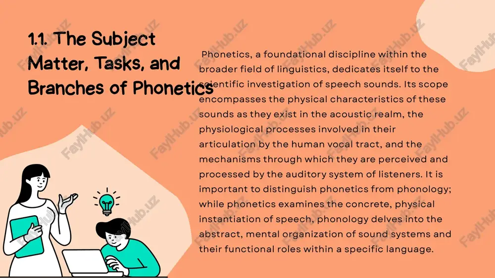 netic research can be outlined as follows: description and classification: a fundamental task is to provide accurate and comprehensive descriptions of the vast repertoire of speech sounds employed across all human languages. this involves developing robust and universally applicable systems of classification based on their articulatory, acoustic, and auditory attributes. the international phonetic alphabet (ipa) stands as a prime example of such a system, providing a standardized notation for transcribing speech sounds. analysis: phonetic research employs a range of analytical techniques to gain a deeper understanding of the physical characteristics of speech. instrumental analysis, utilizing tools like spectrographs, laryngographs, and electropalatographs, allows for the objective measurement and visualization of articulatory movements and acoustic signals. perceptual experiments, on the other hand, investigate how listeners discriminate and categorize different speech sounds.[1] [1] catford, j. c. (1988). a practical introduction to phonetics. clarendon press. understanding variation: a crucial task is to investigate the …