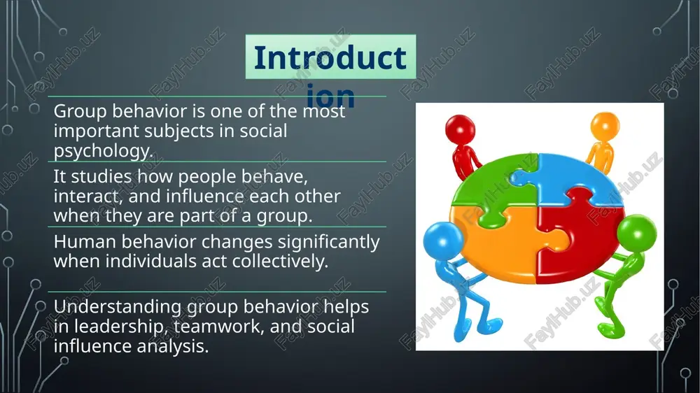 tanding these influences helps predict human behavior within social contexts. leadership in groups a leader plays a key role in guiding group behavior. leadership styles include: - democratic: encourages participation and teamwork. - authoritarian: controls decisions and expects obedience. - laissez-faire: allows freedom with minimal control. effective leaders balance task achievement with member satisfaction. group conflicts conflicts naturally occur due to differences in ideas or personalities. constructive conflicts promote growth and innovation. destructive conflicts create division and reduce productivity. effective communication and problem-solving skills are essential to resolve conflicts. positive effects of group influence encourages teamwork and cooperation. improves motivation and responsibility. provides learning and social experience. builds collective achievement and satisfaction. enhances communication and social skills. supports personal and professional development. negative effects of group influence loss of individual creativity. blind obedience or conformity. pressure to follow majority opinion. risk of groupthink and bias in decision-making. may suppress innovation …