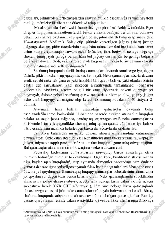 lardıń qatnasıwshılarınıń qatań individuallastırılıwı, basqa shaxslar tárepinen bul qatnasıqlarda almastırılmawı menen xarakterlenedi; 5) óz mazmunına qaray shańaraqlıq qatnasıqlar tiykarınan jeke hám keyinirek múlkiy qatnasıqlardan quralǵan; 6) shańaraqlıq qatnasıqlar jeke isenimge tiykarlanǵan ózgeshelikke iye, sebebi olarda tiykarǵı orındı shańaraq aǵzalarınıń jeke baylanısları iyeleydi. bul ózgesheliklerdi biykarlamaǵan halda, shańaraq huqıqı puqaralıq huqıqınıń kishi tarmaǵı bolǵan qarama-qarsı pikirge qaraǵanda kemirek isenimli kórinedi. [footnoteref:2] [2: burxanova l. yuridicheskaya priroda mejdunarodnogo kommercheskogo arbitraja: mejdunarodniy i natsionalniy aspekti //perspektivi razvitiya mejdunarodnogo kommercheskogo arbitraja v uzbekistane. – 2023. – t. 1. – №. 1. – s. 77-84.] bul jaǵday puqaralıq hám shańaraq huqıqı subyektlerinde olardıń basqıshpa-basqısh jaqınlasıwı menen súwretlengen ózgerisler júz berip atırǵanınan derek beredi, bunda bir tarmaqtıń ayırım institutları úylesimli túrde basqa tarmaqqa "birlesedi." puqaralıq huqıqı (basqalar qatarında) jámiyetlik qatnasıqlardı tártipke salıwdıń predmeti bolıp, onıń subyektleri tek puqaralar bolıwı múmkin, máselen: nızam boyınsha miyras, bul jerde tek puqaralar ǵana wásiyat etiwshi hám miyrasxor bolıwı múmkin; wásiyat …
