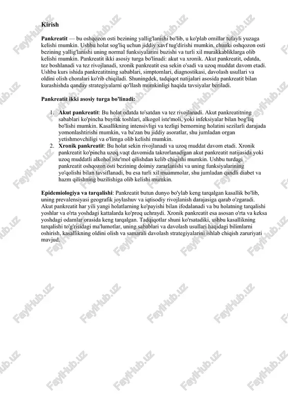 i olishda muhim ahamiyatga ega. jigar kasalliklari va boshqa tibbiy holatlar: jigar kasalliklari, ayniqsa jigar toshlari, pankreatitning rivojlanishiga hissa qo'shishi mumkin. jigar toshlari oshqozon osti beziga kiradigan umumiy oqsuyog'larni to'sib qo'yishi va natijada yallig'lanishga olib kelishi mumkin. bundan tashqari, ba'zi boshqa tibbiy holatlar, masalan, oshqozon osti bezining o'smalari, autoimmun kasalliklar va infeksiyalar ham pankreatitni keltirib chiqarishi mumkin. qandli diabet, giperkalemiya, va gipertansiyon kabi metabolik va kardiovaskulyar kasalliklar pankreatitning rivojlanishiga sabab bo'lishi mumkin, chunki ular oshqozon osti bezining normal faoliyatini buzishi mumkin. oziqlanish va genetik omillar: oziqlanish, ayniqsa yuqori yog'li va kaloriyali dietalar, pankreatit rivojlanishida rol o'ynashi mumkin. katta miqdorda yog'li ovqatlar iste'mol qilish oshqozon osti bezining ishlashini yomonlashtirishi va yallig'lanishga olib kelishi mumkin. shuningdek, genetik omillar ham pankreatitning rivojlanishida muhim rol o'ynaydi. ba'zi odamlar genetik predispozitsiyaga ega bo'lishi mumkin, bu ularni pankreatitga qarshi moyil qiladi. oilaviy tarixda pankreatit yoki oshqozon osti bezi kasalliklari bo'lgan shaxslar ko'proq xavf ostida bo'lishi mumkin. …