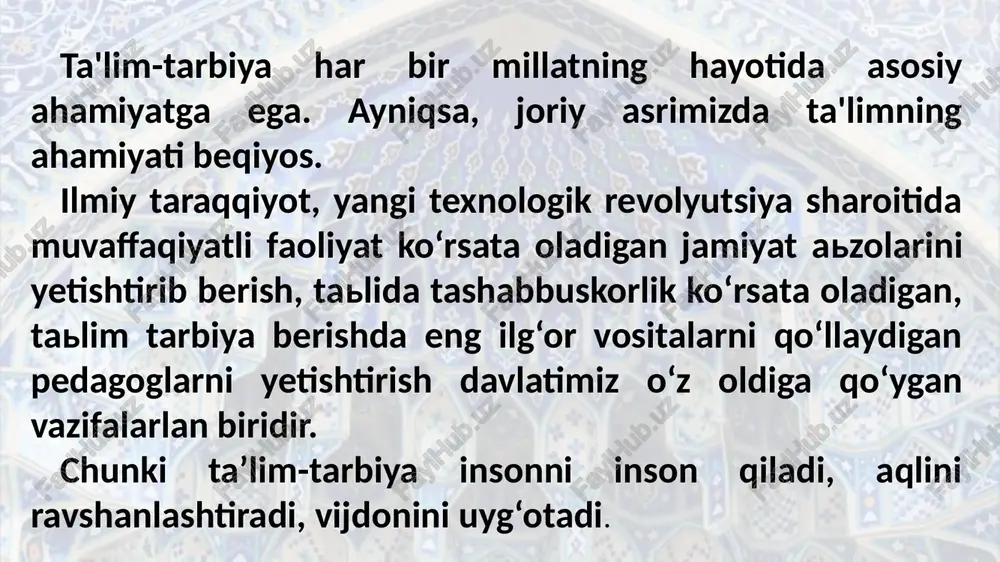 qo‘shing, ya'ni axloqli+ xushsurat+badavlat inson= 100; agar uning naslu nasabi toza bo‘lsa, songa yana bir nolni qo‘shing, ya'ni axloqli+ xushsurat+badavlat+ nasli toza inson= 1000. biroq ushbu sondan axloqni ifoda etuvchi bir (1) tushib qolsa, bilingki, insonning qiymati yo‘qoladi, saqlanib qolgan nollarning esa, hech qanday qadri yo‘qdir. bunda, avvalambor, insoniyat taraqqiyoti, tamadduniga munosib hissa qo‘shgan buyuk ajdodlarimizning yuksak tafakkur va donishmandlikka boy qadriyatlar tarbiyasiga hamda avlodimiz davomchilari – zurriyotlarimizga biz tomonimizdan beriladigan ibrat tarbiyasiga tayaniladi. shu o‘rnida ta'kidlash joizki, uzluksiz ma'naviy tarbiya yo‘nalishi jihatidan, asosan, ma'naviy (ruhiy), huquqiy, iqtisodiy, jismoniy, axloqiy, balog‘at (o‘g‘il va qiz bola munosabatlariga oid), ekologik va estetik, mehnat, tafakkur hamda ta'lim tarbiyalariga bo‘linadi. najot – bilimda bugun yangi o‘zbekiston taraqqiyotida “najot – ta’limda, najot – tarbiyada, najot – bilimda” konseptual g‘oyasi doirasida amalga oshirilayotgan islohotlar davrini tahlil etish maqsadga muvofiq. birinchi bosqich. 2016-yil sentabrdan 2022-yilgacha ikkinchi bosqich. 2022-yildan to bugunga qadar davom etayotgan o‘zbekiston respublikasini yanada rivojlantirish …