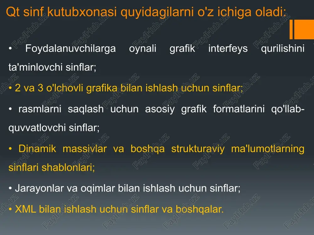 ini ko’rish mumkin: buning uchun pastki chap burchakdagi katta yashil uchburchakni bosish yoki ctrl + r tugmalar birikmasidan foydalanish kerak oynali loyiha yaratish va ular bilan ishlash. qt creator muhitida qt freimvorkidan foydalanib oddiy oynali dasturini yaratish uchun shunchaki fayl - noviy fayl ili proekt - prilojenie qt widjetsni tanlash va keyin loyiha fayllari joylashadigan joyni, asosiy oynaning klass nomini, uning asosiy sinfi va yaratilgan fayllarning nomlari; shuningdek, shakl(forma)ni yaratish so'raladi oynali loyiha yaratish va ular bilan ishlash. oynali loyiha yaratish va ular bilan ishlash. ushbu amallarni bajargandan so'ng, joriy loyiha daraxtida quyidagilar paydo bo'ladi (agar siz barcha sozlamalar va fayl nomlarini o'zgartirmagan bo'lsangiz):  loyihaviy fayl ([loyiha nomi] .pro);  asosiy dastur oynasining sarlavha fayli (mainwindow.h);  dasturni ishga tushirish va asosiy oynani (main.cpp) yaratishni o'z ichiga olgan main() funktsiya joylashgan fayl;  mainwindow sinfi funktsiyalarini saqlovchi va amalga oshiruvchi (mainwindow.cpp) fayli;  asosiy oyna fayli(mainwindow.ui). oynali loyiha yaratish …