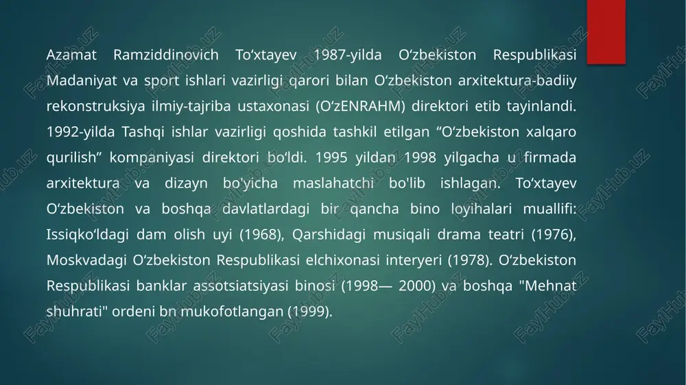 gʻoch, metall, tosh va oynadan foydalanilga lyuks xonalari va restoran devorlari oʻziga xos sharqona pardozlangan. binoni tashqi tomondan bezashda italiya gra-nitlaridan foydalanilgan. ustunlardagi sher aksi tushirilgan marmarlar afrikadan keltirilgan. mehmonxonani qurishda yogʻoch, metall, tosh va oynadan foydalanilgan. mehmonxona atrofidagi madaniy sogʻlomlashtirish, biznes va savdo markazlari, milliy bank binosi, "toshkentlend" (sunʼiy koʻl va xiyobon) bogʻ — koʻli bilan uzviy bogʻlangan. 5 yulduzli mehmonxona toshkent shahrining biznes tumanida, uzexpocenter, milliy bank va xalqaro biznes markazidan 5 daqiqa masofada joylashgan. milliybankning birinchi idorasi oxunboboyev koʻchasi 23 uy joylashgan. “intercontinental” mehmonxonasi va milliy bankning osmonupar binosi zamonaviy uslubga hos baquvvat temirbeton sinchi, “oynavand” qurish va dadil kompozitsion echilmasi bilan uzbekiston memorchiligida yangi yo`nalish bo`ldi. turkiyaning “ai-sel” korporatsiyasi me`mor azamat toʻxtayev, 1995-yil qurgan bu ikkala bino amir temur shoh ko`chasiga qaratib yarim halka rejasi asosida qurilgan, majmuaning ikki chetida barpo etilgan. mehmonxonaning umumiy qiyofasi sayqallangan och kulrang plitka bilan qoplangan, yirik deraza oynalari va temir …