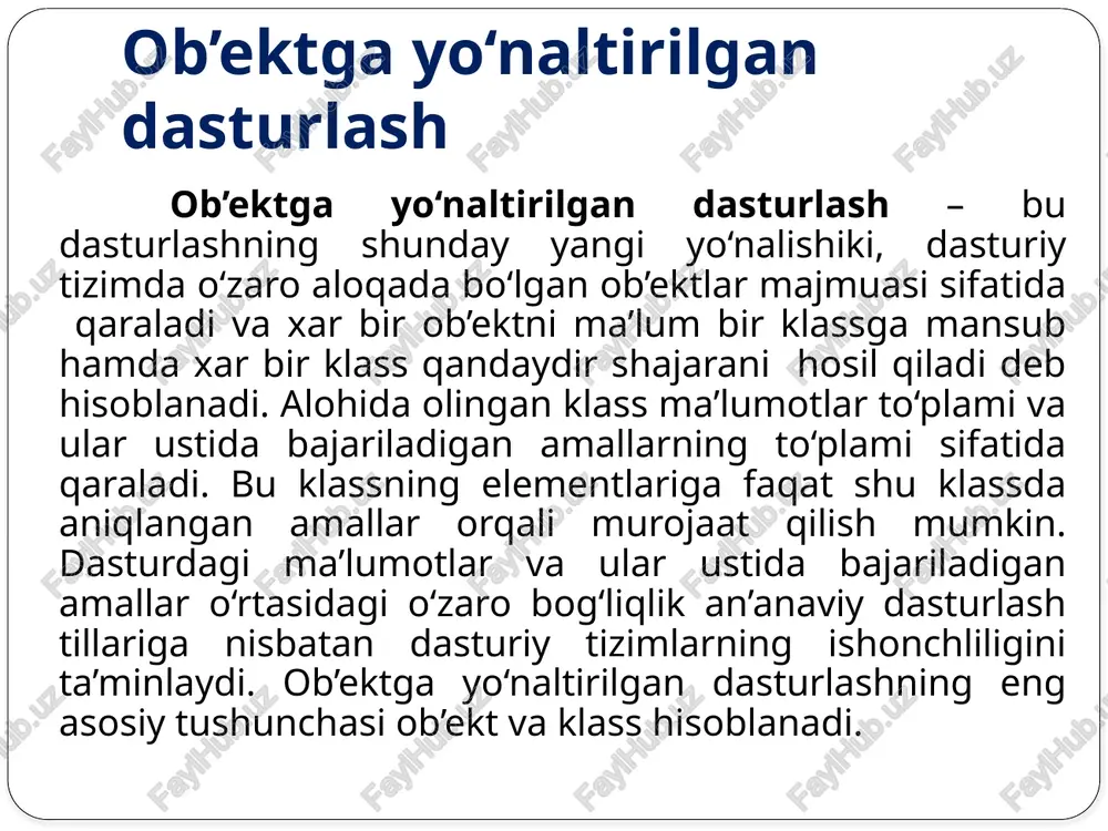 ar qanday narsa himoya- langan yoki xususiy kirishga ega bo'lmog'i kerak. inkapsulyasiya class student { public: string name; int age; private: string passport_number; protected: string adress; } vorislik – yangi ob’ektni aniqlashga ehtiyoj paydo bo‘lganda oldindan ma’lum bo‘lgan ob’ektlardan foydalanish. vorislik mavjud bo'lgan sinfning ta'rifi asosida yangi sinfni yaratish imkonini beradi. yangi sinf boshqasi asosida yaratilgach,uning ta'rifi avtomatik tarzda mavjud sinfning barcha xususiyatlari,xulq-atvori va joriy qilinishiga vorislik qiladi. awal mavjud bo'lgan sinf interfeysining barcha metodlari va xususiyatlari avtomatik tarzda voris interfeysida paydo bo'ladi. vorislik voris sinfida biror bir jihatdan to'g'ri kelmagan xulq-atvorni awaldan ko'ra bilish imkonini beradi. vorislik vorislik — sinflar o'rtasida «is-a» munosabatlarini o'rnatish imkonini beradigan mexanizm. merosxo'r sinf o'z ajdodi bo'lgan sinfdan xususiyatlar va xulq-atvorni meros qilib olayotganida, u shuningdek, o'z ajdodi bo'lgan sinf, ehtimol, boshqa sinflardan meros qilib olgan xususiyatlar va xulq-atvorga ham ega bo'ladi. vorislik tabaqalanishi qandaydir ma'no kasb etishi uchun ajdodlar ustidan qanday amallar bajarilgan …