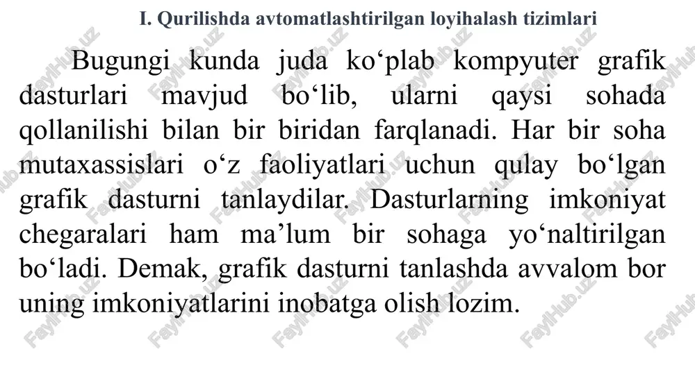 yan bartaraf etish va boshqa firmalar maxsulotlari (ayniqsa microsoft) bilan integrasialashuvi ushbu dasturni butun dunyoda keng ommalashuviga olib keldi ushbu dasturlar natijalari 09:11:01 29.04.2022 ushbu dasturlar natijalari 09:11:01 29.04.2022 autocad 2019 autodesk tomonidan ishlab chiqilgan autocad 2019 dasturi sizga bulutli texnologiyasi asosida foydalanuvchilar bilan birgalikda ishlash uchun yuqori tezlik bilan 2d va 3d-loyihalarni yaratishga imkon beradi. loyihalarga kirishda nafaqat shaxsiy kompyuterlar, balki maxsus mobil qurilmalardan ham foydalanish mumkin. autodesk ® autocad ® 2019- dagi ish jarayonini onlayn xususiyatlar bilan boyitish - avvalgi versiyalar bo‘yicha katta o‘zgarishlar kiritilganlgi bilan ajralib turadi. ii. autocad dasturi haqida umumiy ma’lumotlar autocad 2019 dasturi o‘rnatiladigan kompyuter ma’lum bir minimal talablarga javob berishi, parametrlarga ega bo‘lishi lozim. ushbu talablarga quyidagilar kiradi: ii. autocad dasturi haqida umumiy ma’lumotlar iii. autocad dasturi interfeysi. autocad ning asosiy menyusi “file” – fayllar bilan ishlash menyusi; “edit” – windows stolidagi grafik maydon qismlarini taxrir qilish menyusi; “view” – ekran ko’rsatgichlarini boshqarishda …