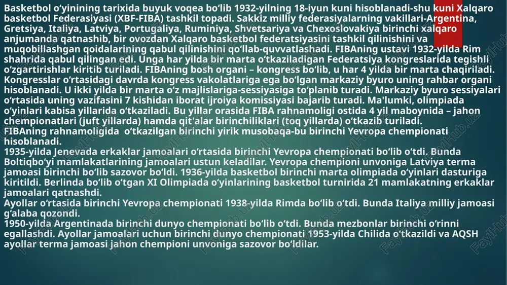 da o‘tkazilgan birinchi yirik musobaqa-bu birinchi yevropa chempionati hisoblanadi. 1935-yilda jenevada erkaklar jamoalari o‘rtasida birinchi yevropa chempionati bo‘lib o‘tdi. bunda boltiqbo‘yi mamlakatlarining jamoalari ustun keladilar. yevropa chempioni unvoniga latviya terma jamoasi birinchi bo‘lib sazovor bo‘ldi. 1936-yilda basketbol birinchi marta olimpiada o‘yinlari dasturiga kiritildi. berlinda bo‘lib o‘tgan xi olimpiada o‘yinlarining basketbol turnirida 21 mamlakatning erkaklar jamoalari qatnashdi. ayollar o‘rtasida birinchi yevropa chempionati 1938-yilda rimda bo‘lib o‘tdi. bunda italiya milliy jamoasi g‘alaba qozondi. 1950-yilda argentinada birinchi dunyo chempionati bo‘lib o‘tdi. bunda mezbonlar birinchi o‘rinni egallashdi. ayollar jamoalari uchun birinchi dunyo chempionati 1953-yilda chilida o‘tkazildi va aqsh ayollar terma jamoasi jahon chempioni unvoniga sazovor bo‘ldilar. basketbolning rivojlanishi:.i bosqich-1891-1918 yillarni o‘z ichiga olib, basketbolning yangi o‘yin sifatida shakillanib borish bosqichi hisoblanadi. avvaliga gimnastika darslarini bir oz jonlantirish uchun yaratilgan basketbol asta-sekin sport o‘yiniga aylanib, uning o‘ziga hos barcha hususiyatlari shakllana boshlaydi. uning dastlabki rasmiy qoidalari yaratiladi, o‘yin texnikasi va taktikasi shakllanadi. o‘yinda ishtirok etayotgan …
