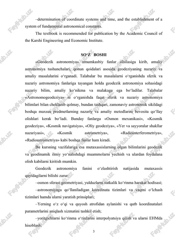 r bilan ishlash; –astronomik asboblar bilan ishlash; –astronomik kuzatish va ularni ishlash hamda hisoblashlarni bajarish. astronomiyaning bo‘limi–sferik astronomiya bu kursning nazariy asosi hisoblanadi. bunda yordamchi osmon sferasidan foydalanish bilan yoritgich va ularni ko‘rinma holati bilan bog‘liq masalalarni matematik metodlar yordamida o‘rganiladi. «sferik astronomiya» bo‘limida osmon sferik koordinatalar tizimi va ular orasidagi bog‘lanish, astronomik vaqtni o‘lchash tizimlari, har xil hodisalardan kelib chiqadigan yoritgich koordinatalarini o‘zgarishini hisobga olish metodlari ko‘riladi. astrometriya va geodezik astronomiya mustaqil predmet sifatida «amaliy astronomiya» bo‘limidan ajratilgan. geodezik astronomiya yoritgichni kuzatish bo‘yicha yer sirtidagi nuqtalarni geografik koordinatalarini va azimut yo‘nalishini aniqlash usullarini o‘rganadi. geodezik astronomiya va astrometriyani masalalarini aniq yechimlari tegishli bo‘limlarda keltirilgan. shuningdek, astrofizika asoslari va uning asbob uskunalari hamda asosiy kuzatish metodlari qisman tushintiriladi. bunda xususan, oy, yer sun’iy yo‘ldoshlarini, galaktika va kvazarlarni kuzatishga asoslangan zamonaviy ixtirolarni qo‘llanishi e’tiborli o‘rinni egallaydi. predislovie v nastoyashem izdanii rassmatrivayutsya voprosi, otnosyashiesya k spetsialnim distsiplinam «astrometriya», «geodezicheskaya astronomiya». izuchenie etix …