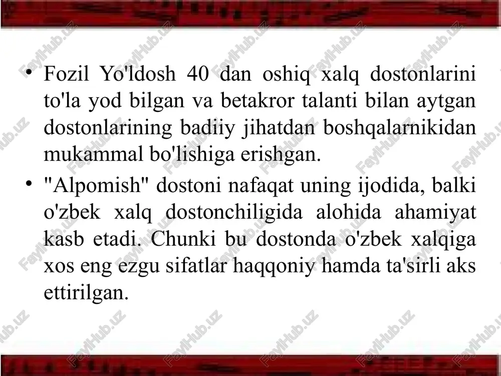 aga tegaman. 2. yoy tortishsa, yoyi sinmay qolganga, men tegaman shul yoyandoz polvonga. 3. ming qadimdan tanga pulni urganga, men tegaman shul qirag'ay merganga. 4. kurash qilib to'qson alpni yiqqanga, men tegaman nor bilakli polvonga. asar qahramonlari bilimingizni sinang! “alpomish” dostonining nechta varianti yozib olingan? alpomishning yonida o`zining insofsiz yaqinlariga qarshi kurashgan qahramon? “dobonbiydan … degan o`g’il farzand paydo bo`ldi”. “alpomish” dostonida “tarzi gul yuzli, shirin so`zli, bir siyosatli kishi” deb ta`riflangan kim? boybo`rining “kishi nimadan baxil bo`ladi, nimadan saxiy bo`ladi?” degan savoliga alpomishning javobi? yetti alpning onasi? ko`chish payti barchinning sepi necha tuyaga ortildi? “alpomish” dostonida tushlari vositasida kelajak taqdirlari bayon qilingan qahramonlar? barchinning poygasi qayerda o`tkaziladi? qalmoqlar boylab tashlagan qorajonga kim yordam beradi? yoyandozlik qayerda bo`lib o`tadi? qorajon nechta alp bilan kurash tushadi? nazariy ma’lumot. xalq dostonlari haqida "doston" forscha so'z bo'lib, qissa, hikoya, sarguzasht, ta'rif ma'nolarini bildiradi. adabiy atama sifatida ham folklorning, ham yozma adabiyotning muayyan janrini …