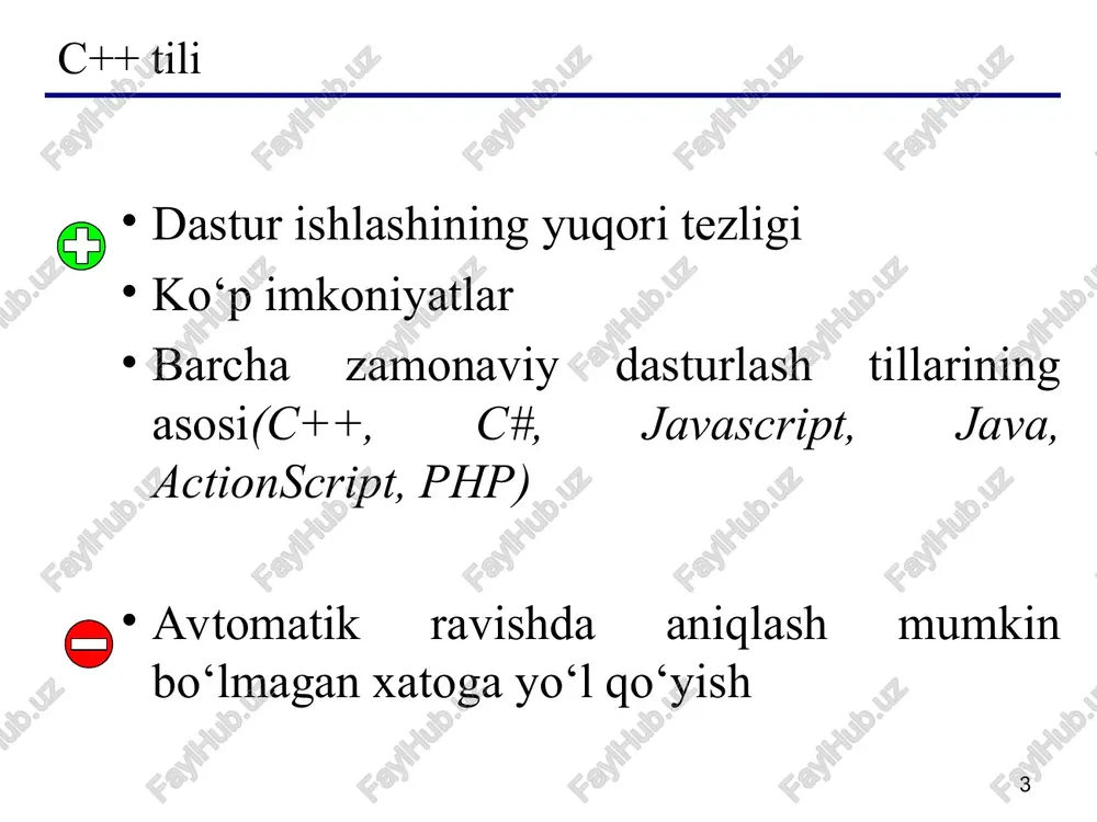 l yoki l harflari qo'yilgan o'nlik, sakkizlik yoki o'n oltilik butun son. ma'lumotlarning ishorasiz (unsigned) butun son turi: oxiriga u yoki u harflari qo'yilgan o'nlik, sakkizlik yoki o'n oltilik oddiy yoki uzun butun son. ma'lumotlarning haqiqiy son turi. ma'lumotlarning haqiqiy son turi olti qismdan iborat bo'lishi mumkin: butun qism, nuqta, kasr qism, e yoki e belgisi, o'nlik daraja va f yoki f suffikslari. masalan : 66., .0, .12, 3.14f, 1.12e-12. ma'lumotlarning uzun haqiqiy son turi: oxiriga l yoki l suffikslari qo'yilgan haqiqiy son. masalan: 2e+6l; ma'lumotlarning uzun butun son turi. * tipning turlari. ma’lumotlar turi hajm, bit qiymatlar chegarasi tip vazifasi unsigned char 8 0…255 kichik butun sonlar va simvollar kodlari char 8 -128…127 kichik butun sonlar va asii kodlar enum 16 -32768…32767 butun sonlar tartiblangan katori unsigned int 16 0…65535 katta butun sonlar short int 16 -32768…32767 kichik butun sonlar, tsikllarni boshqarish int 16 -32768…32767 kichik butun sonlar, tsikllarni …
