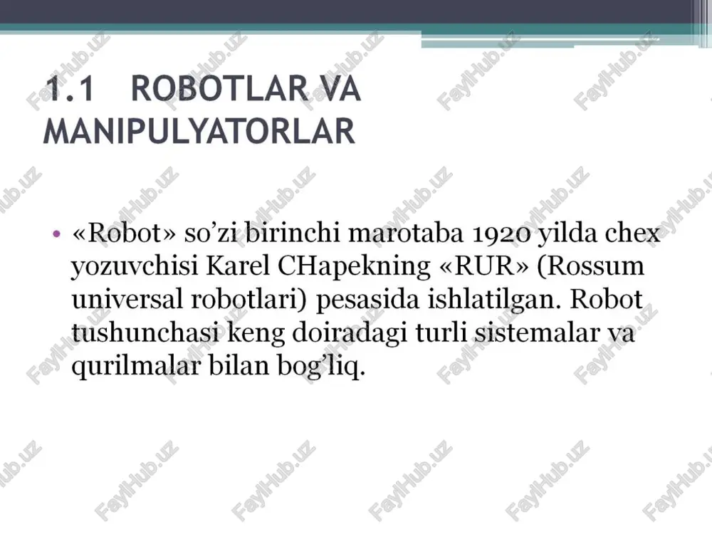 robotlarning sinalayotgan qurilmalari harakatini ishchi fazoda tezlik bo’yicha uzluksiz nazorat qilgan holda traektoriya shaklida programmalashtiruvchi boshqarishning programmaviy turi. srni adaptiv boshqarish — boshqarish algoritmini bevosita boshqarish jarayonida tashqi muhit va robot holatlari funksiyasiga bog’liq holda o’zgartirib turadigan boshqarish turi. srlarini guruhlab boshqarish — odatda ehm asosida boshqarishning umumiy sistemasiga birlashtirilgan bir nechta robotlarni boshqarish jarayoni. srlarni programmalash (dasturlash) — sanoat robotini boshqaruvchi programmani tuzish, uni boshqarish qurilmasiga kiritish hamda sozlash jarayonlari. srni o’qitish — odam-operator tomonidan robotning foydalanayotgan qurilmasi harakatini oldindan boshqarish va bu harakat parametrlarini boshqarish qurilmasiga joylash orqali robot harakatini programmalash jarayoni. nazorat uchun savollar: °1. o’quv materiallar. aytib bering? ¢ 2. robotlar tugrisida kanday tushinchaga egasiz ? /docprops/thumbnail.jpeg mostanuychan robototexnika tizimlarining avtomatlashtirilgan elekt yuritmalari