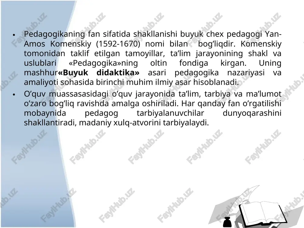tarmoqlar pedagogikasining ajralib chiqishi endigina boshlanmoqda. umumta’lim o’quv yurtlarida emas, balki yordamchi o’quv yurtlarida shug’ullanishlari mumkin bo’lgan shaxslar ya’ni, ko’rish, eshitish, so’zlash a’zolarida kamchiliklari bo’lgan shaxslarni mehnat faoliyatiga tayyorlash, tarbiyalash va ta’lim berishning o’ziga xos tomonlarini tadqiq etuvchi fanlar pedagogika fanining maxsus guruhini tashqil etadi. pedagogikaning bu maxsus tarmoqlari defektologiya yoki maxsus guruhga birlashtirilgan. defektologiya fanlari o’z navbatida alohida mustaqil bo’lgan tarmoqlarga bo’linadi: surdopedagogika - kar va gung tarbiyalanuvchilar ta’lim-tarbiyasi masalalari bilan; tiflopedagogika - ko’zi ojiz tarbiyalanuvchilar ta’lim-tarbiyasi bilan; oligofrenopedagogika -aqli ojizlar ta’lim- tarbiyasi bilan shug’ullanadi. bunday ilmiy ishlar bilan shug’ullanadigan institutlar respublikamizda turli tavsiyalar berish, metodikani ishlab chiqish bilan bir qatorda ilmiy izlanishlar, tajriba almashinish bilan ham samarali tadbirlarni olib borishadi. nizomiy nomidagi toshkent davlat pedagogika universitetida maxsus tashqil etilgan defektologiya fakultetida munosib mutaxassislar tayyorlanayotganligi fikrimizning dalilidir. asosiy pedagogik kategoriyalar pedagogika fani ta’lim-tarbiya maqsadini jamiyat talablariga va o’quvchilarning yosh xususiyatlariga qarab mazmunan o’zgarishini o’rgatadi, tarbiyaning tarkibiy qismlarini va ular …