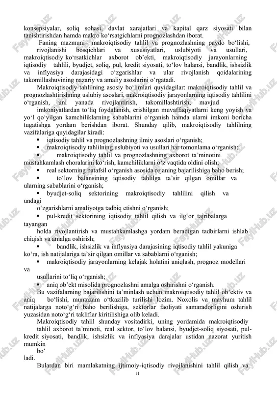ir etishning bilvosita, tuzatish kirituvchi vositalaridan foydalanishni afzal ko‘radi: • iqtisodiy vaziyatni monitoring qilish; • iqtisodiyotda amal qiluvchi sababli-oqibatli mexanizmlarni tahlil qilish; • moliyaviy oqimlarni tadqiq etish asosida iqtisodiyot sektorlari o‘rtasidagi o‘zaro bog‘liqliklarni o‘rganish; • iqtisodiy siyosatni tadqiq etish va yangi iqtisodiy strategiya variantlarini ishlab chiqish (makroiqtisodiy tuzatishlar kiritish dasturlarini ishlab chiqish); ma’lumki, iqtisodiyotni modernizatsiyalash va diversifikatsiyalash sharoitida bir qator institutsional tarkibiy o‘zgarishlarni, xususan, mavjud makroiqtisodiy imkoniyatlardan oqilona foydalanish, pul-kredit siyosati, byudjet-soliq siyosati hamda to‘lov balansini, real iqtisodiy sektor va makroiqtisodiy jarayonlarning prognozlash va boshqalarga bo‘lgan talabini chuqurroq o‘rganish, iqtisodiy tejamkorlikni kuchaytirish masalalarini ommaviy hal qilish lozim. maqsadga erishish uchun avvalo, har bir sektor va bo‘lim faoliyatining atroflicha, chuqur tahliliga asoslanib, ichki imkoniyatlardan toboro unumliroq foydalanishga, kamroq xarajat qilib, yuqori natijalarga erishishga, ilg‘or tajribalarni joriy etishga, ilg‘orlarning tashabbuslarini ommalashtirishga alohida e’tibor berish, sifat ko‘rsatkichlarini muttasil yaxshilab borish kerak. bu makroiqtisodiy jarayonlarning ish sharoitini hisobga olib, iqtisodiy qonunlarning barcha talablari to‘liq …