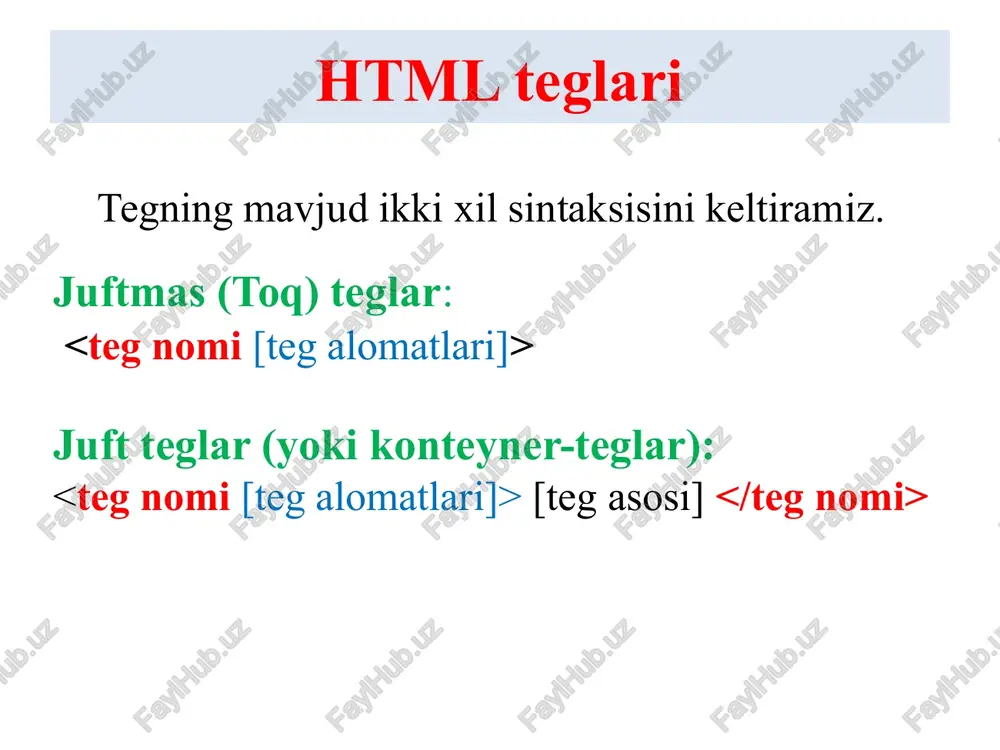 chirib olgan div mukammal teg hisoblanib, html tilida muhim ahamiyat kasb etadi. sahifaning asosiy qismi web-sayt yaratar ekanmiz, avvalo u qanday bo’limlardan tashkil topgan bo’lishi kerakligini aniqlab, unga mos ravishda ekranni to’g’ri turtburchak shaklidagi bo’laklarga bo’lib olish lozim. eskiz tayyor bo’lgandan keyin, brauzer o’zi ishlayotgan kompyuter va monitor operatsion tizim va foydalanuvchilarning tanloviga qarab turli o’lchamda bo’lishi mumkinligini inobatga olgan holda, har bir ob’ektning hajmini va barcha o’lchamlarning o’zgaruvchanligini hisobga olib html tilida kod yozishni boshlagan ma’qul. sahifaning asosiy qismi saytlar umumiy holda quyidagicha ko’rinishda bo’ladi: sahifaning asosiy qismi html ning avvalgi talqinlarida har bir joylashuvni aniqlovchi teg bo’lmagan, shuning uchun dasturlovchilar div tegini turlicha xususiyatlar bilan hamma yerda qo’llashga majbur bo’lishgan. html ning 5 - talqinida joylashtirishni qulaylashtiruvchi va yagona qolipga soluvchi maxsus teglar kiritilgan. yuqoridagi ko’rinishga ega web-saytimizni mavjud teglar asosida chizib chiqamiz, qaysi qism kerak bo’lmasa, uni hosil qiluvchi teglar yozilmasligi kifoya. saytning bosh sarlavhasi, kichik mavzusi, …