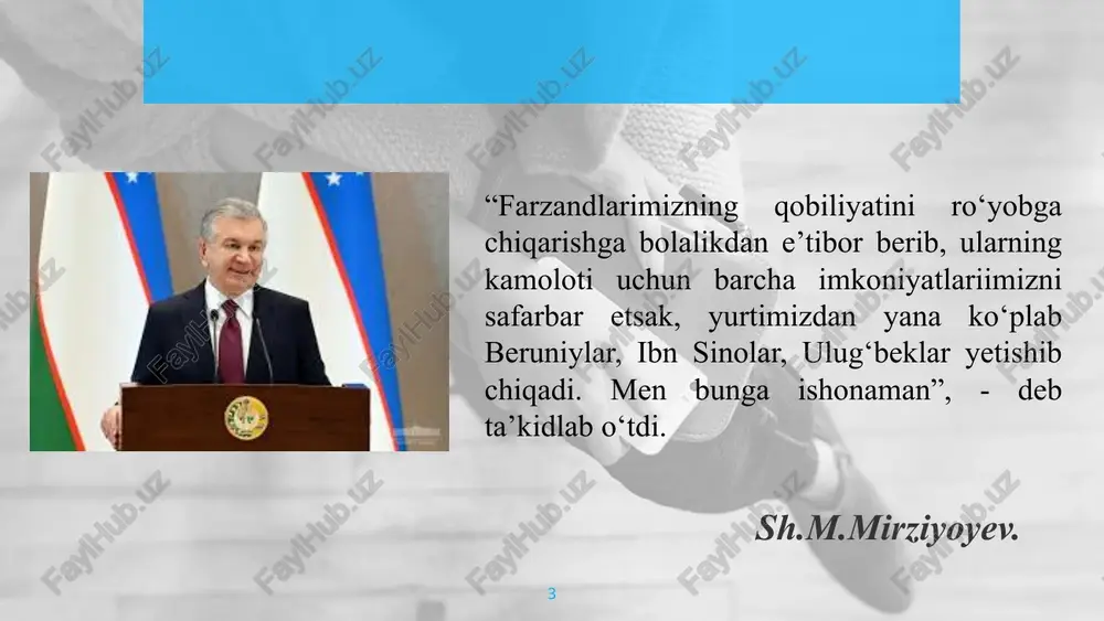 ilan boyib bordi. “pedagogika tarixi” fanining ob’yekti – ma’lum bir tarixiy davr hisoblanadi. “pedagogika tarixi” faning predmeti – turli tarixiy davrlardagi hamda sivilizatsiya sharoitlaridagi ta’lim amaliyoti va pedagogik nazariyalarni shakllanishi va rivojlanishi jarayoni hisoblanadi. “pedagogika tarixi” fanining maqsadi 10 milliy o’z-o’zini anglash, kasbiy rivojlanish bilan bog’liqlikda umumiy va pedagogik madaniyatni shakllantirish; pedagogik fikrlar rivojini tahlil etish va tizimlashtirish; pedagogik g’oyalarni tahlil etish asosida ularni o’quv-tarbiya jarayoniga tatbiq etish. “pedagogika tarixi” fanining vazifalari 11 pedagoka tarixini o’rganish manbalari: arxeologik yodgorliklar; qo’lyozmalar; xalq og’zaki ijodi; adabiy yodgorliklar; hujjatlar; badiiy adabiyot; memuarlar; sharq va g’arb mutafakkirlarining asarlari. 12 eng qadimgi madaniy boyliklarimizni o‘rganishda quyidagi uch guruhga ajratilgan manbalarga tayanamiz: 1. arxeologik qazilmalar natijasida topilgan ko’rgazmali ashyolar. 2. xalq og’zaki ijodi materiallari hamda yozma manbalar. 3. buyuk adiblar, allomalarning ijodiy merosi. 13 dastlabki urug‘chilik jamiyatidan oldin ham inson yashash uchun kurashgan, mazkur davrda urug‘ning barcha a’zolari jamoa bo’lib harakat qilganlar. keyinroq kishilar mehnat faoliyatini …