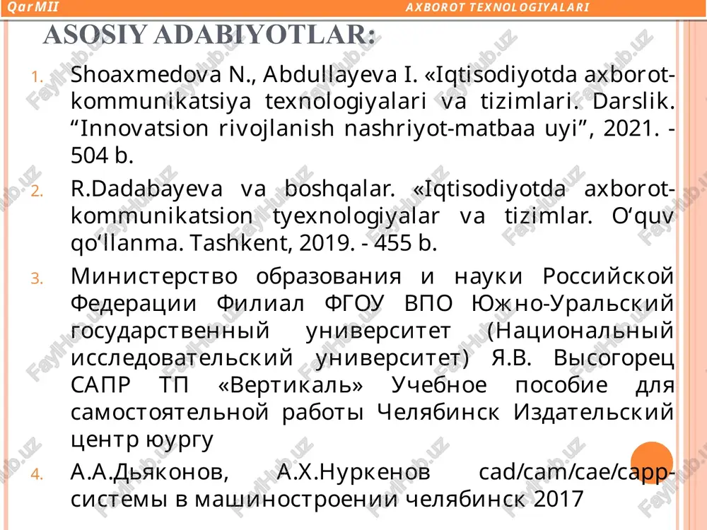 ekli qadamlardan iborat bo’lishi kerak. 1 -> 2 -> 3 -> 4 algoritmning diskretlilik xossasi 2-xossa. tushunarlilik, ya’ni ijrochiga tavsiya etilayotgan ko’rsatmalar uning uchun tushunarli bo’lishi shart, aks holda ijrochi oddiy amalni ham bajara olmay qolishi mumkin. har bir ijrochining bajara olishi mumkin bo’lgan ko’rsatmalar tizimi mavjud. algoritmning tushunarlilik xossasi 3-xossa. aniqlik, ya’ni ijrochiga berilayotgan ko’rsatmalar aniq mazmunda bo’lishi lozim hamda faqat algoritmda ko’rsatilgan tartibda bajarilishi shart. algoritmning har bir qoidasi aniq va bir qiy­matli bo’lishi zarurki, bunda vaqtning biror daqiqasida olin­gan miqdorlar qiymati vaqtning shundan oldingi daqiqasida olingan miqdorlar qiymati bilan bir qiymatli aniqlangan bo’ladi. algoritmning aniqlilik xossasi 4-xossa. ommaviylik, ya’ni har bir algoritm mazmuniga ko’ra bir turdagi masalalarning barchasi uchun yaroqli bo’lishi lozim. algoritm. bitta masalani yechish uchun emas balki shunga o’xshash turdosh masalalar sinfini hal etish uchun xizmat qiladi. algoritmning ommaviylik xossasi 5-xossa. natijaviylik, ya’ni har bir algoritm chekli sondagi qadamlardan so’ng albatta natija berishi lozim. algoritm …