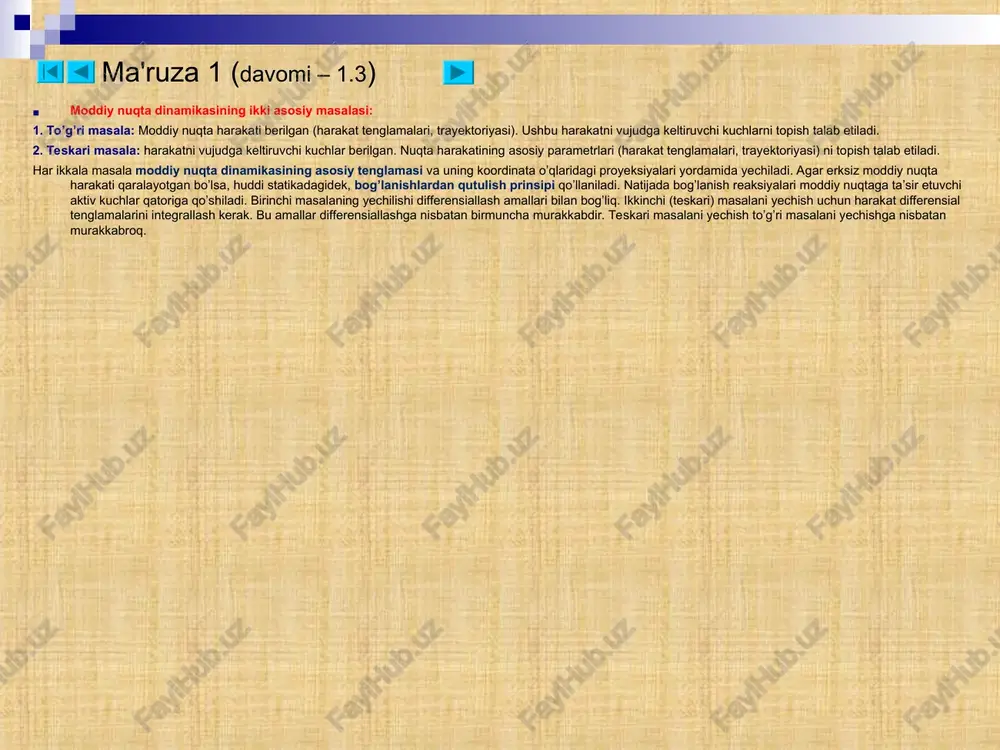 ekislikdan) qutulamiz va uning ta’sirini n reaksiya kuchi va fish ishqalanish kuchi bilan almashtiramiz. 3. dinamikaning asosiy tenglamasini tuzamiz: 4. dinamikaning asosiy tenglamasini n o’qiga proyeksiyalaymiz : bundan normal reaksiya kuchini aniqlaymiz: avtomashinaning ko’prikka bosim kuchini aniqlaymiz: bundan ko’prikka bosim tushmaslik shartini aniqlash mumkin (q = 0): ma'ruza 1 (davomi 1.4) r ma'ruza 2 topilgan o’zgarmaslarning qiymatlarini qo’ygandan keyin: shunday qilib, bir xil kuchlar sistemasi ta’siri ostida moddiy nuqta boshlang’ich shartlar bilan aniqlanuvchi bir qancha harakatlarni amalga oshirishi mumkin. boshlang’ich koordinatalar moddiy nuqtaning dastlabki holatini belgilaydi. proyeksiyalari bilan aniqlanuvchi boshlang’ich tezlik moddiy nuqtaning berilgan holatga kelishi uchun trayektoriyaning qaralayotgan sohasi bo’yicha berilgan joyga yetib kelish uchun unga ta’sir etuvchi kuchlarning ta’sirini e’tiborga oladi, ya’ni moddiy nuqtaning kinematik holatini belgilaydi. dinamika teskari masalasining yechilishi – umumiy holda harakatdagi moddiy nuqtaga ta’sir etuvchi kuchlar o’zgaruvchi bo’lib, vaqtga, koordinataga va tezlikka bog’liq bo’lishi mumkin. moddiy nuqta harakati ikkinchi tartibli differensial uchta tenglamadan iborat …