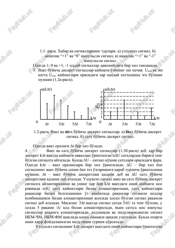 'z, ijro etilgan musiqa uning oldidagi havo zichligini o'zgartiradi va mikrofon diafragmasiga ta'sir etib, uni harakatga keltiradi. diafragmaga biriktirilgan g'altak (katushka) o'zgarmas radial magnit maydonida joylashgan bo'lgani uchun uning harakati natijasida g'altak qutblarida elektr yuritish kuchi hosil bo'ladi. yopiq zanjirdagi tok va yuklama qarshilik ryu dagi kuchlanish qiymati o'zgaradi. ushbu ryu dan o'tayotgan tok qiymati kuchlanishning o'zgarishi mikrofon oldidagi havo zichligiga mos ravishda o'zgaradi, akustik bosim elektr signalga aylantiriladi. bunday u(t) signal analog signal, ya'ni xabarga mos, o'xshash signal deb yuritiladi. yana bir misol, televizion kamera o'z ob'ektivi oldidagi tasvirni har bir nuqtasi yorug'ligi (rangi) va joylashish koordinatalarini aniqlaydi va uzluksiz u(t, x, y) signalga aylantiradi. bunday signal videosignal (tasvir signali) deb yuritiladi. uzluksiz signallar qiymati o'zining eng kichik qiymati umin va eng katta qiymati umax oralig'idagi har qanday kattalikka ega bo'ladi. 2. uzlukli (diskret) xabar diskret signalga aylantiriladi. masalan: biron-bir matndagi harflar ularga mos kodlar kombinatsiyasi bilan almashtiriladi. ko'p …