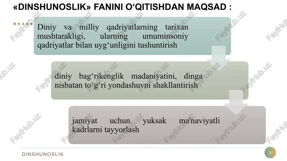r 14 dinshunoslik . yaratuvchi bilan insonni bog'lab turadigan ibodat va marosimlar majmui.kultlar kundalik yoki mavsumiy, yakka tartibdagi yoki jamoaviy kabi ko'rinishlarda bo'lishi mumkin e'tiqodchilarni o‘zida jamlaydigan diniy tashkilotlar 15 diniy tashkilot – bu bir din izdoshlarining jamoaviy ravishda o'z diniy rasm-rusum, ibodat marosimlarini o'tkazadigan, diniy ta'lim oladigan muassasalaridir. dinshunoslik 16 dinning jamiyatdagi funksiyalari dunyoqarashni shakllantirish kompensatorlik kommunikativlik regulyativ integrativ madaniyatni targ’ib qilish legitimirallashtirish dinshunoslik dinlarni tasniflash 17 mistik (ruhiy olamga yo‘naltirilgan) dinlar profetik (payg‘ambarlarga tayanuvchi) dinlar sakramental (diniy marosim va rasm-rusumlarga tayanuvchi) dinlar dinshunoslik hozirgi kunda din tipologiyasida dinlarning quyidagi tasniflari mavjud: 18 tarixiy-geografik jihatga ko‘ra; etnik jihatga ko‘ra; e'tiqod qiluvchilarining soniga ko‘ra; hozirgi davrda mavjudligi jihatidan (tirik va o‘lik diniy tizimlar) va h.k. dinshunoslik bugungi kunda, dinshunoslikka bag‘ishlangan adabiyotlarda esa asosan quyidagi tasnif keltiriladi: 19 dinshunoslik jahon dinlari millat dinlari primitiv diniy tasavvurlar (urug‘-qabila dinlari) dinlar ta'limotiga ko‘ra 20 dinshunoslik monoteistik politeistik 21 muhammad al-xorazmiy nomidagi toshkent axborot …