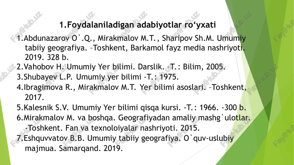 da umumiy ma’lumotlar va ularda ro‘y beradigan hodisalar, ularning xususiyatlari haqida bilimlar berishdan iborat. fanning vazifasi – talabalarga umumiy tabiiy geografik qonuniyatlar, ularning mohiyati, geografik qobiqning tuzilishi, tarkibiy qismlari, litosfera, atmosfera, gidrosfera va biosfera hamda ularning xususiyatlari, geografik qobiqning hududiy tabaqalanishi, inson va tabiat munosabatlarining geografik asoslarini o‘rgatish va ularda tabiatdan foydalanishda geografik bilimlarni qo‘llay olish bo‘yicha malaka va tajriba hosil qilishdan iborat. 4.fanning boshqa fanlar bilan aloqasi va tarmoqlari tabiiy geografik fanlar o‘z navbatida uch guruhga bo‘linadi: - umumiy tabiiy geografik fanlar guruhi. mazkur fanlarga umumiy tabiiy geografiya, umumiy geomorfologiya, umumiy gidrologiya, tabiiy geografik rayonlashtirish va bosha fanlar kiradi; maxsus (xususiy) tabiiy geografik fanlar guruhiga tuproqlar geografiyasi, geobotanika, zoogeografiya, iqlimshunoslik va boshqa fanlar kiradi; - regional tabiiy geografik fanlar guruhiga materiklar va okeanlar tabiiy geografiyasi, alohida davlatlar va o‘lkalar tabiiy geografiyasi kiradi. tabiy fanlar geologiya geografiyasi siyosiy geografiya ljtimoly fanlar lo ww ibtugopuhtus vuvh daxmat >» yy