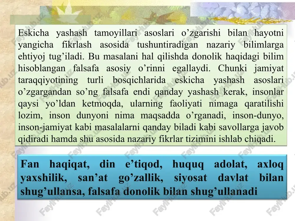zaga kelgan. miflar (yunoncha mythos – so’z, doston, rivoyat), ya’ni rivoyatlar qadimgi odamlarning birlamchi, dastlabki ma’naviy madaniyat shakllari edi. rivoyatlar barcha xalqlarda bo’lib, tabiat va jamiyatni tushunishning asosiy vositasi bo’lib hisoblanar edi. kosmologik (kosmosning, ya’ni olamning kelib chiqishi haqidagi) va kosmosmologik (kosmosning tuzilishiga tegishli) rivoyatlar olam va odamning kelib chiqishi haqidagi; inson yashayotgan dunyoning qanday tuzilganligi haqidagi; ezgulik va yomonlik nimaligi, odamlarning g’amu-tashvishlari qayerdan kelib chiqadi, o’lim nima o’limdan so’ng nima bo’ladi vd h/k odamdagi falsafiy tasavvurlarning asosi edi. falsafada va dinda masalalarning qo’yilishi va yechilishi taqqoslanar ekan, diniy masalalarda ruhoniy ilohiy asosni ustun qo’ygan holda qaraydi, faylasuf esa insonning roliga ustunlik beradi. ruhoniy hammavaqt birinchi planga xudoni qo’yadi, so’ngra inson va uning shaxsi masalalari qo’yadi, faylasuf esa inson va uning olamda tutgan o’rni masalalarni birinchi galda ilgari suradi. qadimgi dunyo mutafakkirlari tabiat hodisalarining kelib chiqishi, mohiyatini tushunib olishga intilganlar. naturfilosofiya falsafiy tafakkurning birinchi tarixiy shakli bo’lgan. aristotel umumiy falsafiy …