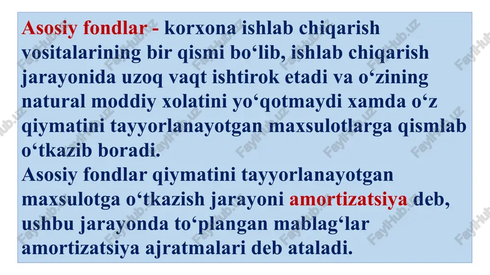 lab chiqarishni texnik jixatdan qayta qurollantirish va zamonaviylashtirish, asbob-uskunalarni ta’mirlash grafiklarini tuzish, ta’mirlash vositalariga bo‘lgan extiyojni aniqlash imkonini bersa, qiymat bo‘yicha baxolash - asosiy fondlarni qayta ishlab chiqarish va rejalashtirish, ularning mavjud xajmini aniqlash, amortizatsiya xajmini belgilash, asosiy fondlar va ishlab chiqarish quvvatlaridan foydalanish darajasini taxlil qilish imkonini beradi. asosiy fondlarni baxolashning quyidagi usullari mavjud: boshlang‘ich qiymatga - asosiy vositalarni sotib olish uchun sarflangan xarajatlar, yetqazib berish, o‘rnatish kabi pul xarajatlarining jami kiradi. dastlabki baxo asosiy fondlarning foydalanishga topshirgan paytda xisobga olingan dastlabki muvozanat narxini ko‘rsatadi. misol. generator 150000 so‘mga sotib olindi. uni korxonaga yetqazib berish uchun 10000 so‘m, o‘rnatish uchun 20000 so‘m sarflandi. generatorlarnung dastlabki to‘la narxi - 180000 so‘mga teng. 150000 + 10000 + 20000 =180000 so‘m - tiklangan qiymati - asosiy fondlar yoki ularning biron-bir qismini (binolar, qurilmalar, mashinalar, ishlab chiqarish uskunalari) xozirgi paytdagi inflyatsiya va boshqa omillarni xisobga olgan xolda baxolash. baxolashning bu usuli ob’ektning bugungi …