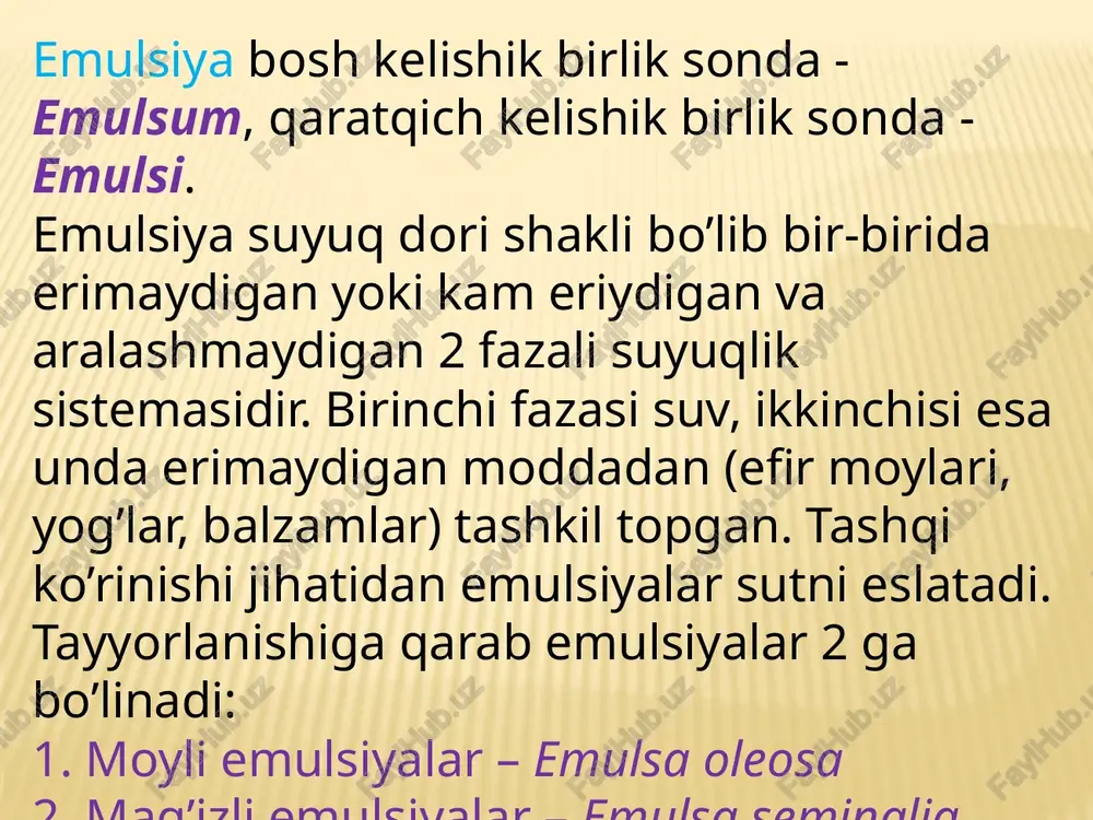 stral suspenziyalar – dorixonalarda tayyorlanadi, shakl hosil qiluvchi moddalar sifatida gliserin, vazelin moyi va boshqalar ishlatiladi. bunday suspenziyalar kengaytirilgan shaklda yoziladi. reseptda suspenziyalar tarkibiga kiruvchi barcha ingredientlar va ularning miqdori yoziladi, so’ngra m.f. “suspension” va d.s. yoziladi. misol. tarkibida 0,5% trixomonasid bo’lgan, vazelin moyida tayyorlangan steril suspenziyadan 50 ml yozing. 10 ml siydik pufagiga yuborishga buyurilsin. ishlatishdan oldin chayqatilsin. rp.: trichomonacidi 0,25 olei vaselini ad 50 ml m.f. suspensio sterilisetur! d.s. chayqatilsin va 10 ml dan siydik pufagiga yuborilsin. shuningdek, ofisinal suspenziyalar ham bo’ladi. ular reseptda qisqartirilgan shaklda, miqdori va konsentrasiyasi ko’rsatilmagan holda yoziladi. misol. grizeofulvin suspenziyasidan 100 ml uchun resept yozib berilsin. 1 desert qoshiqdan kuniga 3 mahal ichish uchun buyurilsin; rp.: suspensionis griseofulvini 100 ml d.s. 1 desert qoshiqdan kuniga 3 mahal ichilsin. ishlatishdan oldin chayqatilsin! ichish uchun tomchilab beriladigan eritmalar kuchli va zaharli ta’sir qiluvchi dorivor moddalar ichish uchun tomchilarda taqsimlanadigan eritmalar shaklida beriladi. farmakopeyalarda 1 ml …